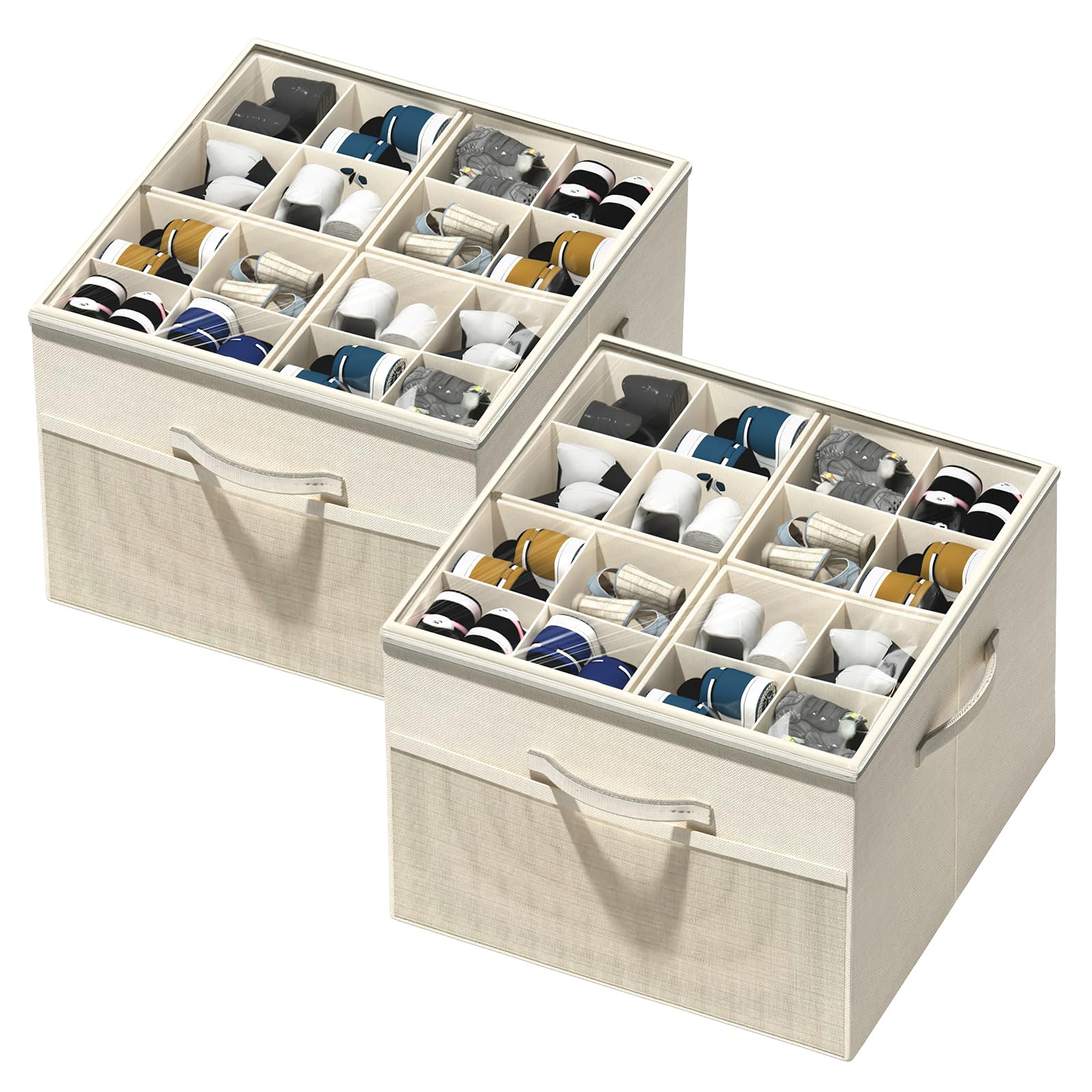 Aokeyee Shoe Organizer for Closet,2 Pack Foldable Shoe Storage Organizer Box Bin with Adjustable Dividers and Clear Cover, Fits up to 16-32 Pairs