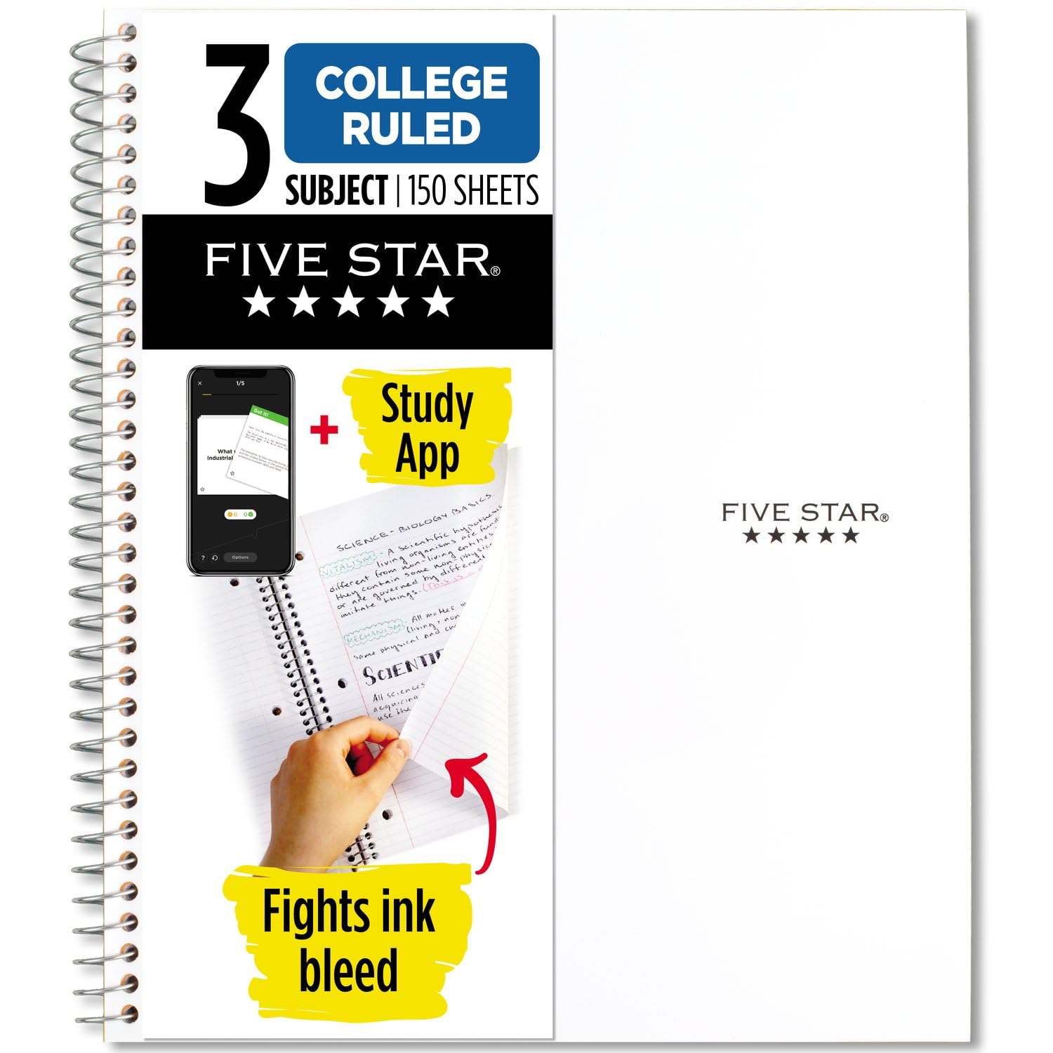 Five Star Spiral Notebook + Study App, 3 Subject, College Ruled Paper, Fights Ink Bleed, Water Resistant Cover, 8-1/2" x 11", 150 Sheets, Black (72069)