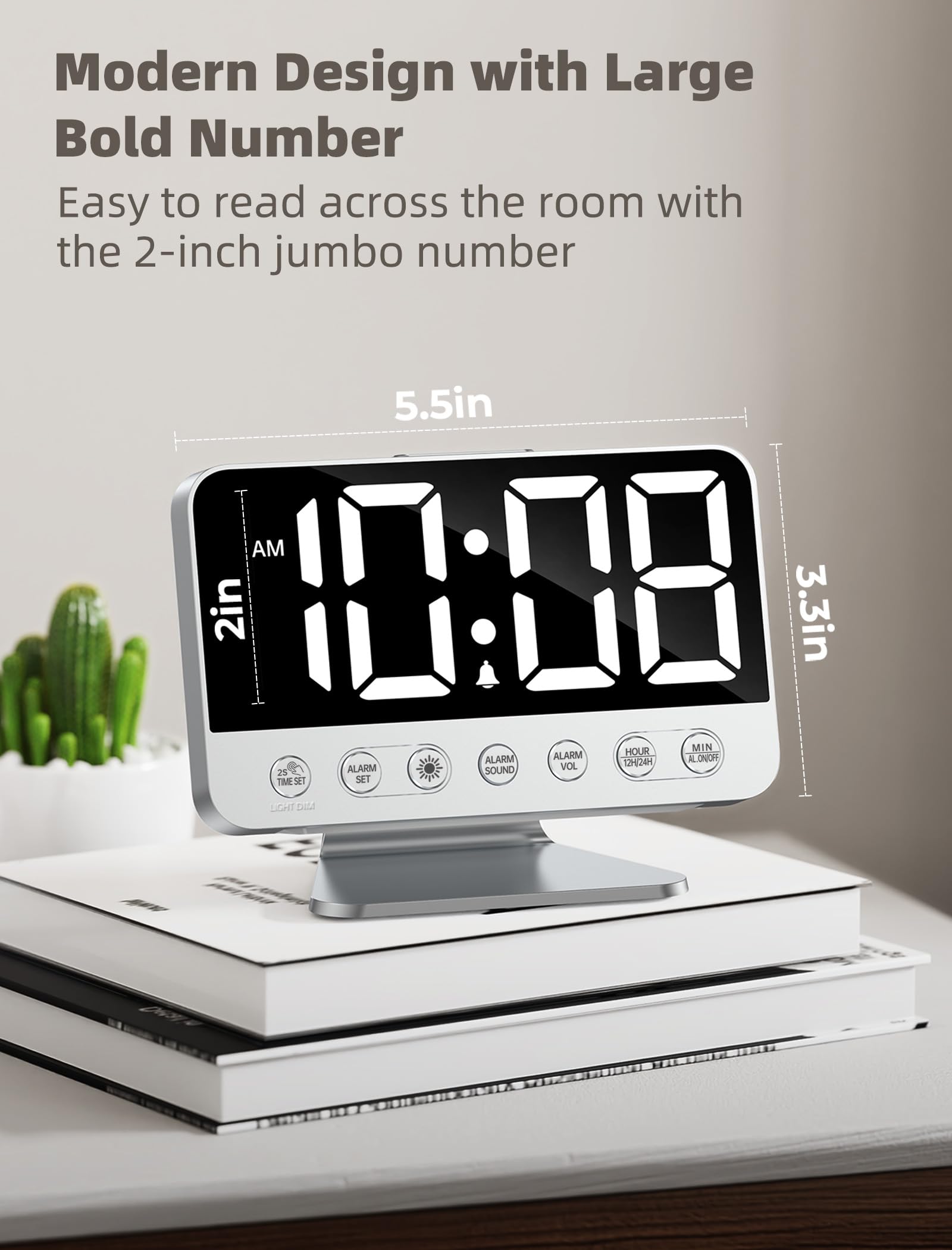 Odokee Digital Alarm Clocks for Bedrooms: Large Bold Number 5 Brightness Dimmer - Easy to Read Across The Room - 5 Alarm Sound 8 Night Light - Silver
