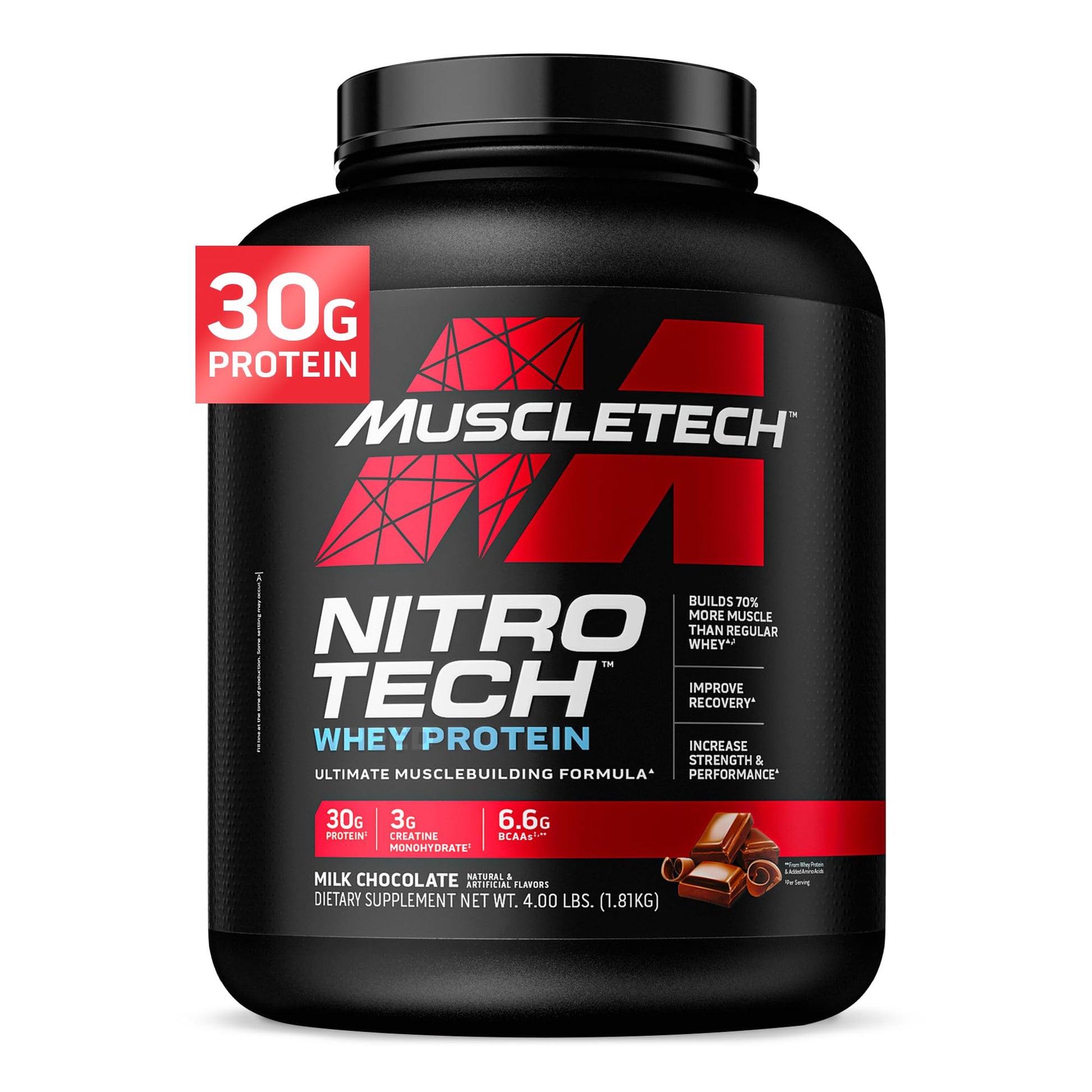 Muscletech Whey Protein Powder (Vanilla Cream, 4 Pound) - Nitro-Tech Muscle Building Formula with Whey Protein Isolate & Peptides - 30g of Protein, 3g of Creatine & 6.6g of BCAA