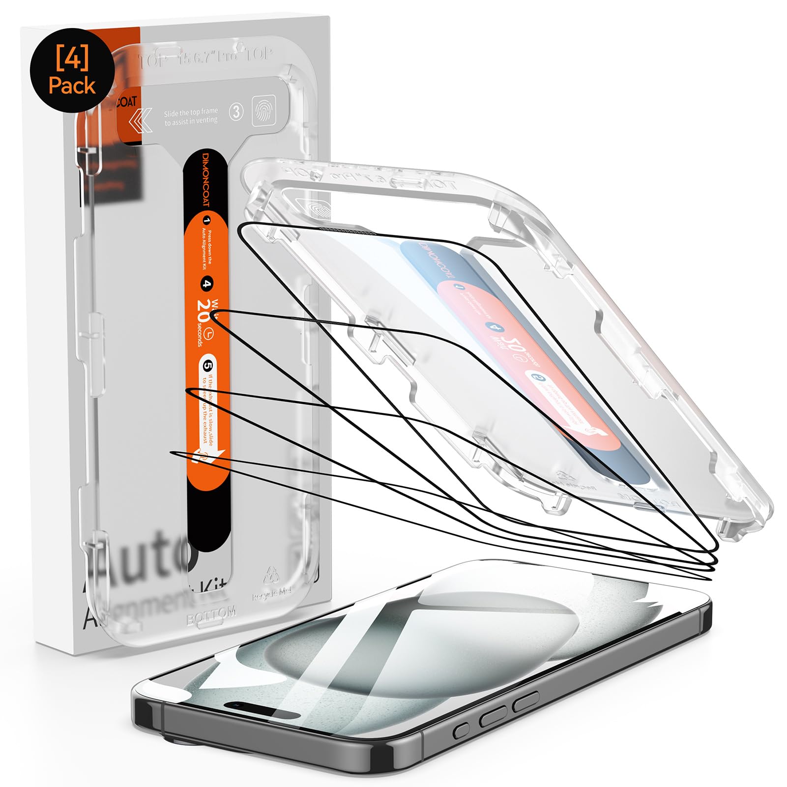 DIMONCOAT 4-Pack TOP 9H+ Glass for iPhone 15 Pro Max Screen Protector 6.7"[13FT Military Grade Shatterproof][Auto Alignment Kit] Screen Protector 15 ProMax Tempered Glass Longest Durable Case-Friendly