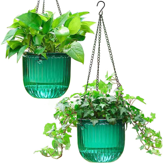 Melphoe 2 Pack Self Watering Hanging Planters Indoor Flower Pots, 6.5 Inch Outdoor Hanging Basket, Plant Hanger with 3Hooks Drainage Holes for Garden Home (Emerald)