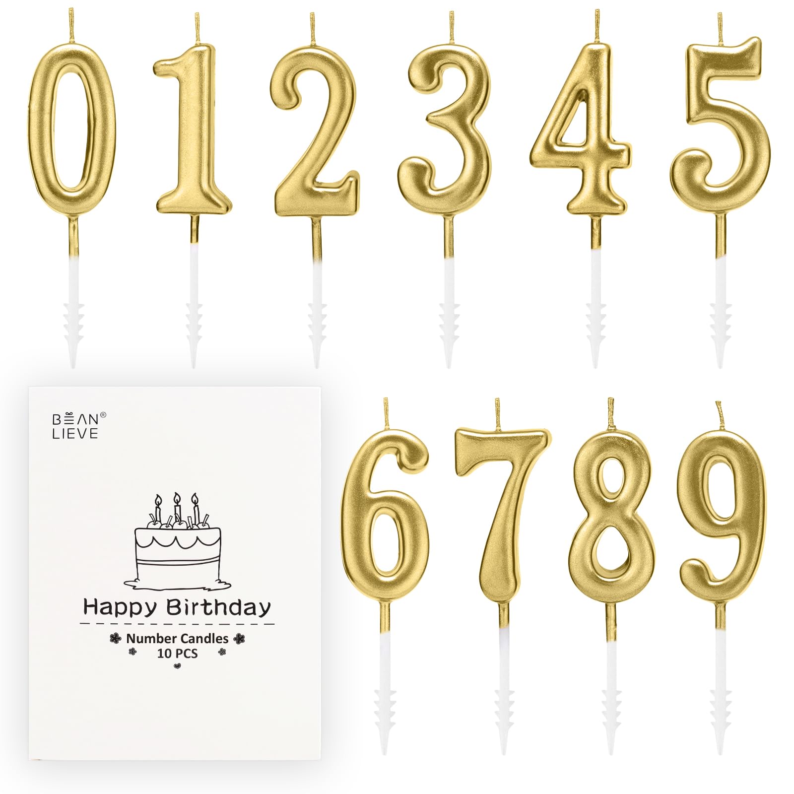 Beanlieve 10-Pieces Numeral Birthday Candles - Cake Numeric Candles Number 0 1 2 3 4 5 6 7 8 9,Used for Cake Decoration on Birthday Parties and Wedding Anniversary Celebrations(Champagne Gold)