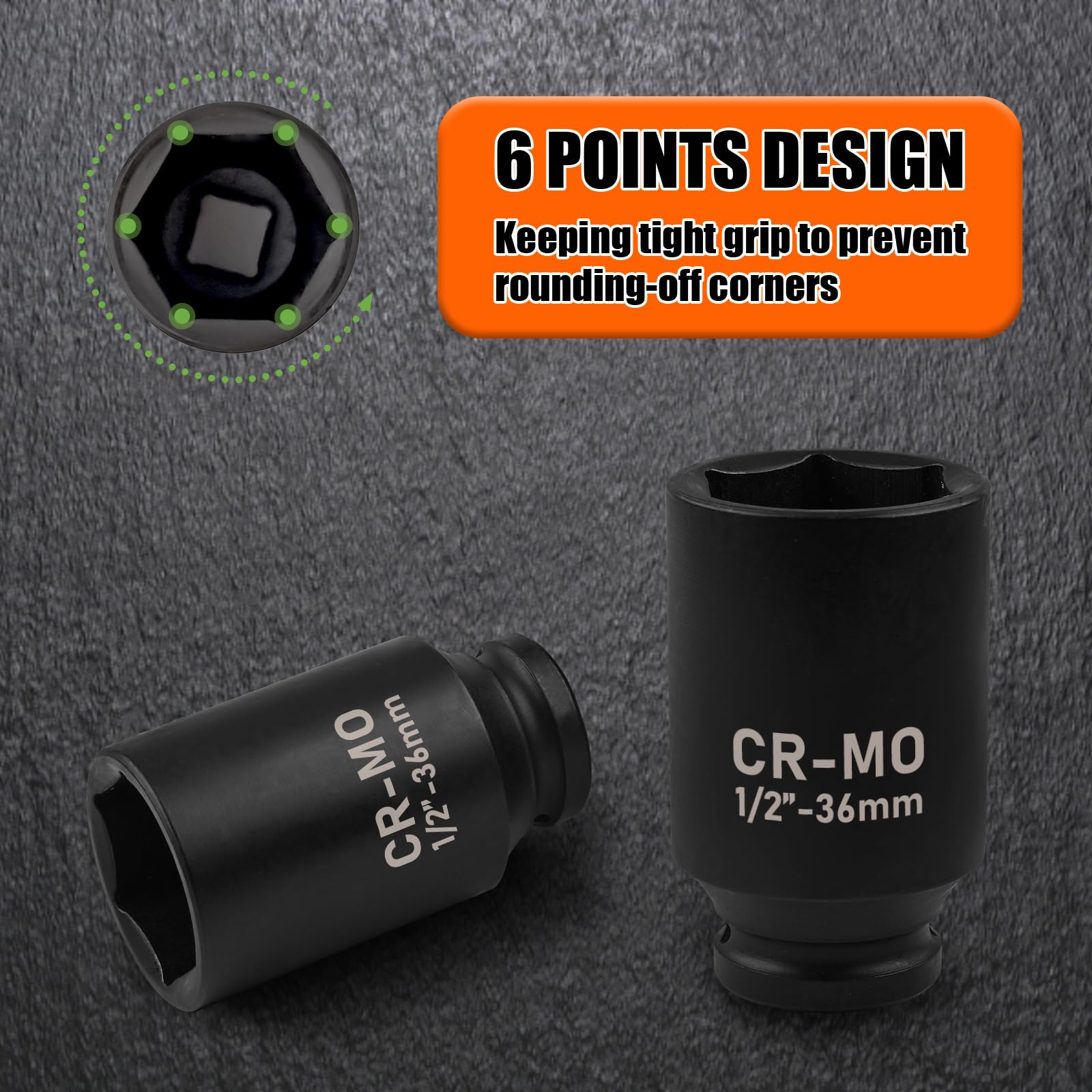EGOFIX 1/2" Drive Deep Impact Socket, 36mm Metric Socket, CR-MO 6 Point for Easy Removal of Axle Nut