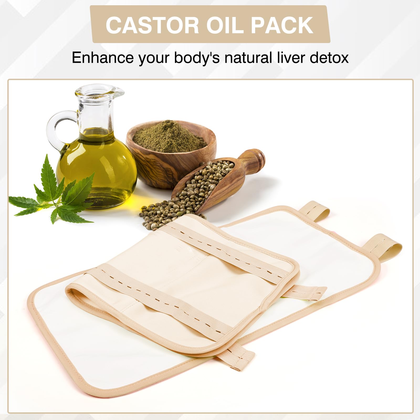 TORPNIA Castor Oil Pack, Adjustable Reusable Castor Oil Pack Wrap for Liver Detox, Castor Oil Pack Wrap for Stomach Less Mess, Elastic Strap Bamboo Cotton Machine Washable Anti Oil Leak 1pcs