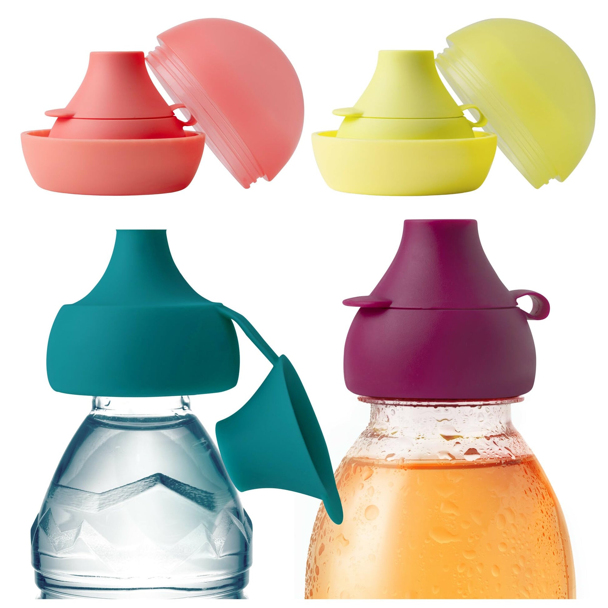 Boon Snug Sip Universal Water and Juice Silicone Bottle Toppers - Soft Spout Conversion Caps with Spill Proof Valves - Silicone Bottle Covers for Travel - Includes 4 Toppers and 4 Cases