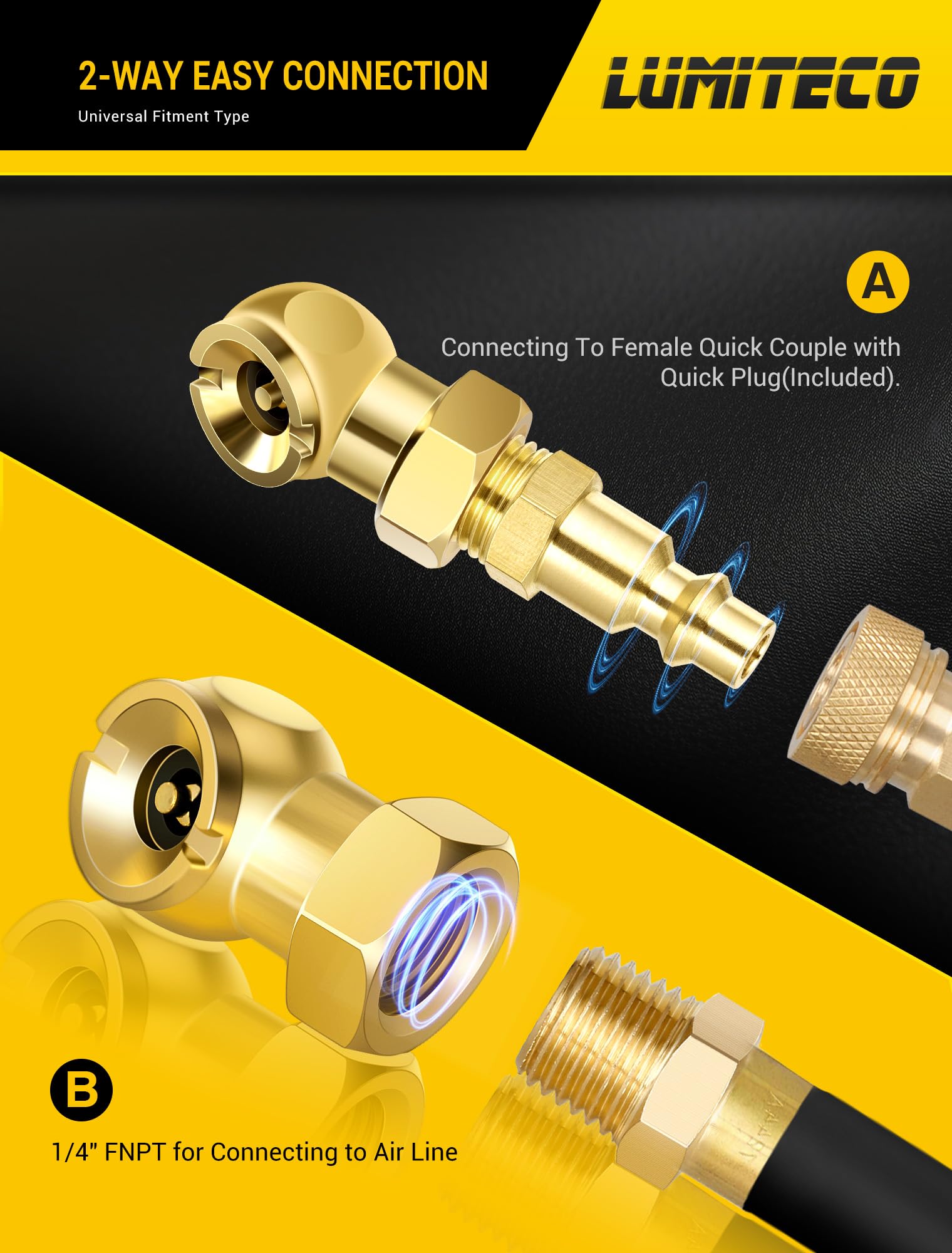 LUMITECO 2-Pack Ball Foot Air Chuck Set, 1/4" FNPT Closed Flow Tire Chuck Inflator Nozzle w/Air Chuck Quick Connect, Tire Air Nozzle for Tire Inflator Gauge, Tire Hose Tool, Air Compressor Attachments