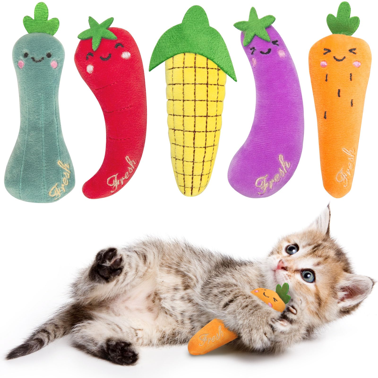 ETEKYER Catnip Cat Toys, Interactive Indoor Cat Nip Toy Kitty Kicker, Durable Kitten Teething Chew Toy, 5 Pack, Vegetable Shape