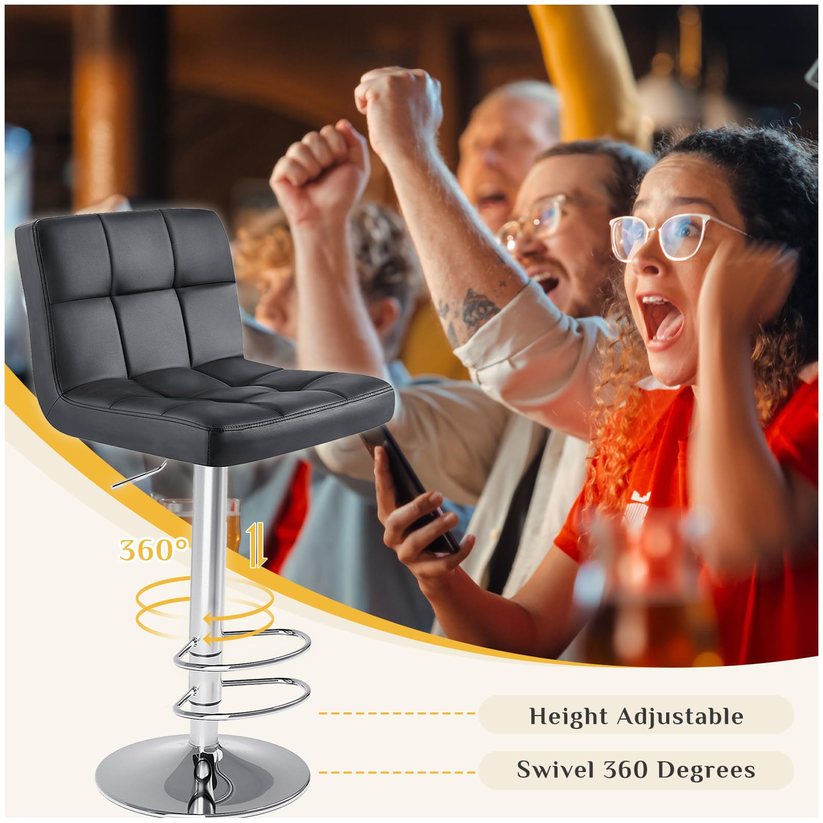 DUMOS Bar Stools Set of 4, 24 inch Counter Height Bar Stools, Upholstered Modern Kitchen Barstools with Metal Base, PU Leather Saddle Stools for Kitchen Island, Black