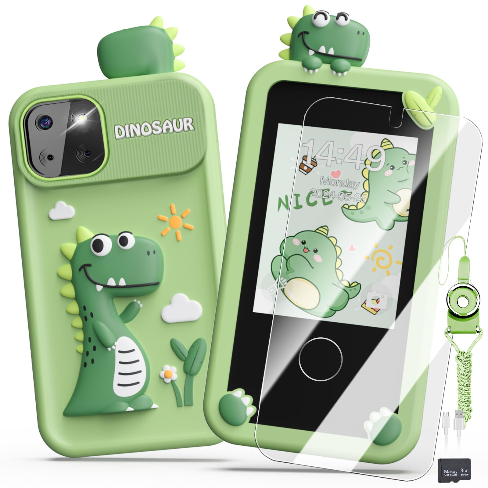 Kids Smart Phone Toys for Boys,Dinosaurs Gift Toys for Boys Ages 3-9 Christmas Birthday Gifts Mini Smart Phone Toys with 2.8" Touchscreen 16 Learning Games Dual Camera Music Player, 8G SD Card