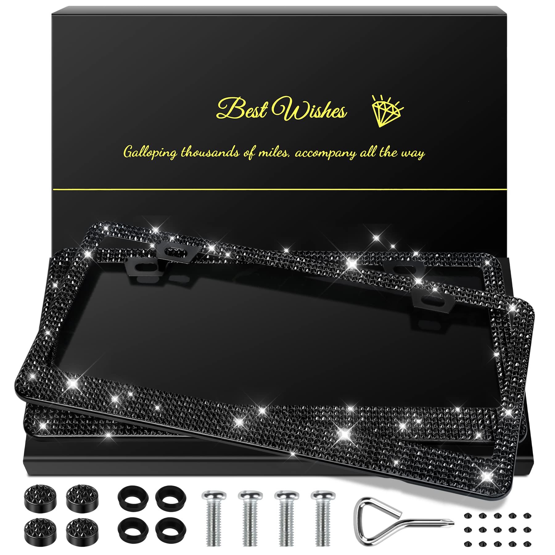 QUANQIUFEI 2er-Pack Bling-Kennzeichenhalter für Frauen, glitzernde Strass-Diamant-Auto-Accessoires mit Glitzer-Kristallkappen (Schwarz)