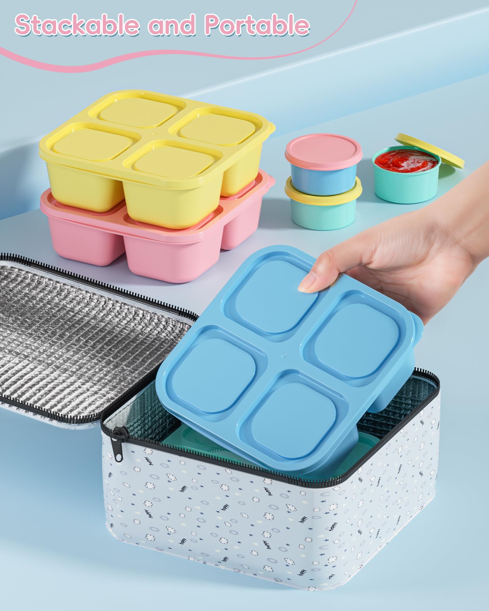 4 Pcs Snack Box Containers Set, Reusable 4 Compartment Lunchable Container with 2Pcs Sauce Containers, Stackable BPA-Free Bento Box for School, Work, Travel (4 Color)