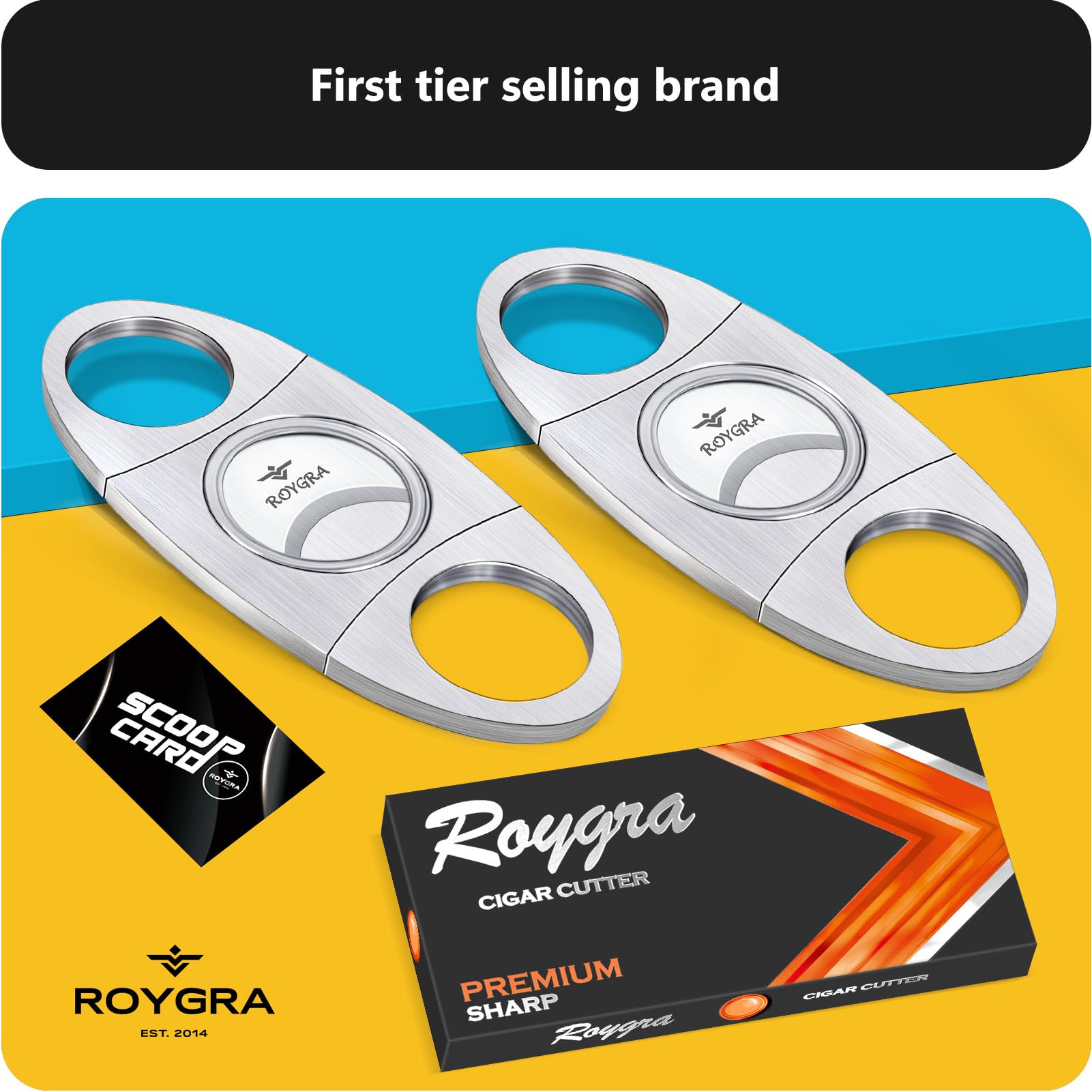 roygra Cigar Cutter Set (2 Pack), Guillotine Double Blade, Cigar Accessories for Men, Stainless Steel Smoking Accessories Tool, Portable Sharp Clean Cut - Silver