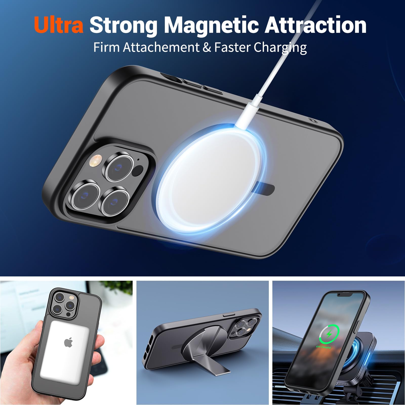 SUPFINE Magnetic for iPhone 13 Pro Max Case (Compatible with MagSafe) (Military Grade Drop Protection) Translucent Matte Shockproof Phone Cover,Black