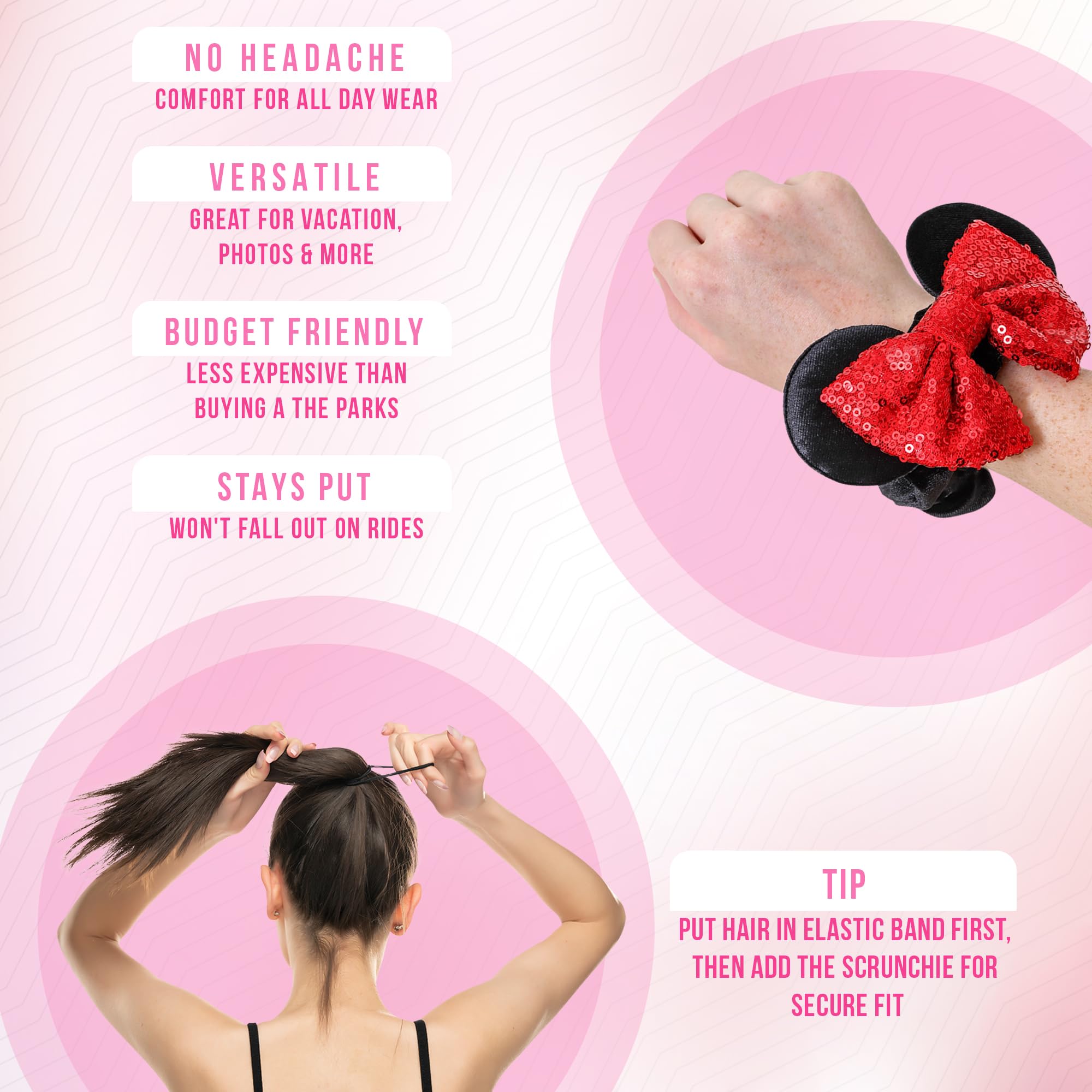 Styla Hair 2pk Mouse Ear Scrunchies for Kids Velvet Hair Bow Scrunchies for Women - Sparkle Sequins Mouse Hair Bands for Pony Tail (Red Black)