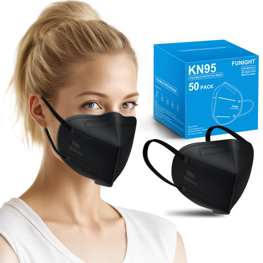 Funight KN95 Adult Masks 50 Pack 5 Layers Black Disposable Dust Masks with Filtering Efficiency≥95% Safety Breathable Mask