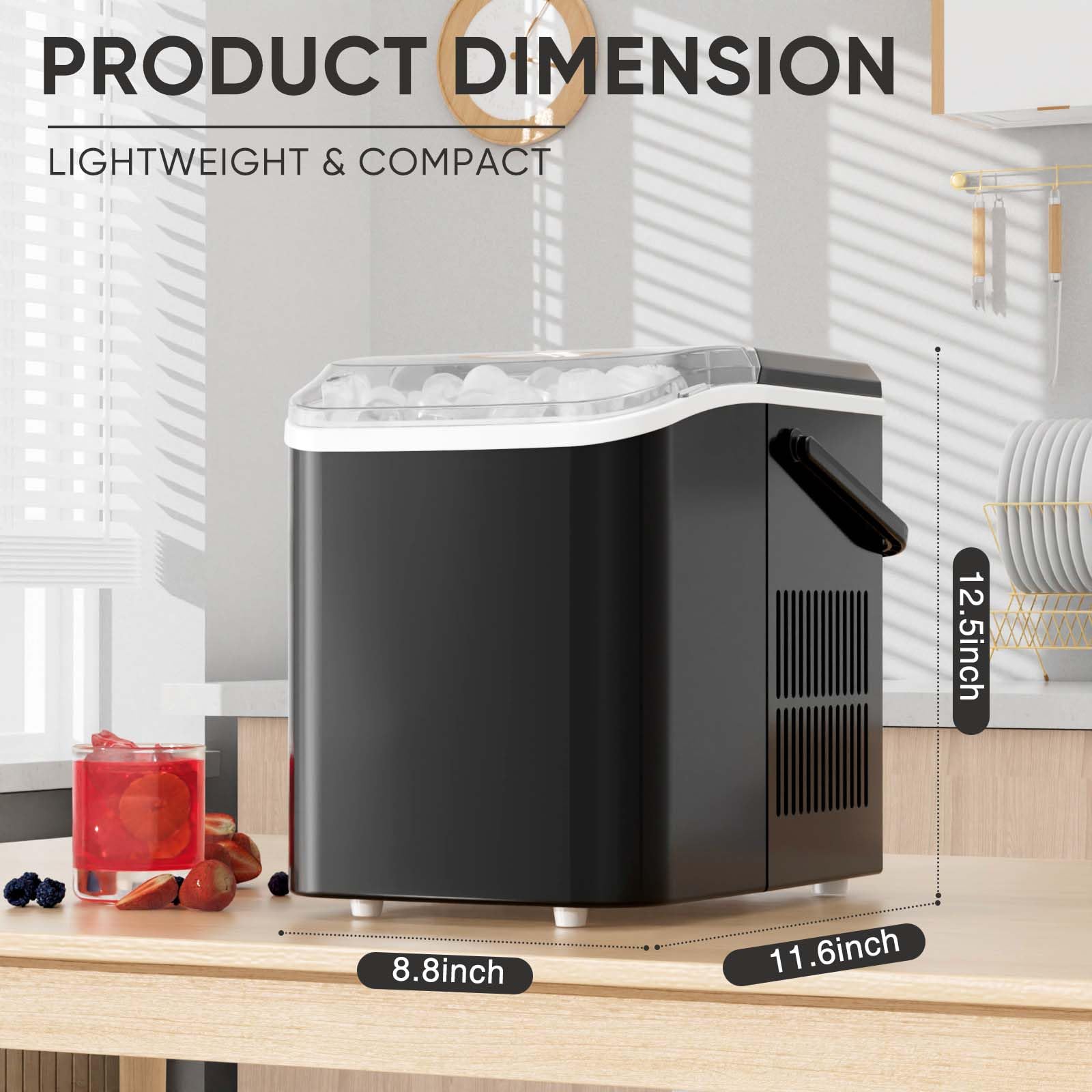 DUMOS Countertop Ice Maker with Handle, 26lbs/24H Portable Ice Machine, 9 Bullet Ice Cubes Ready in 6 Mins, Self-Cleaning, Quiet Compact Ice Maker for Home, Kitchen, RV, Camping, Black