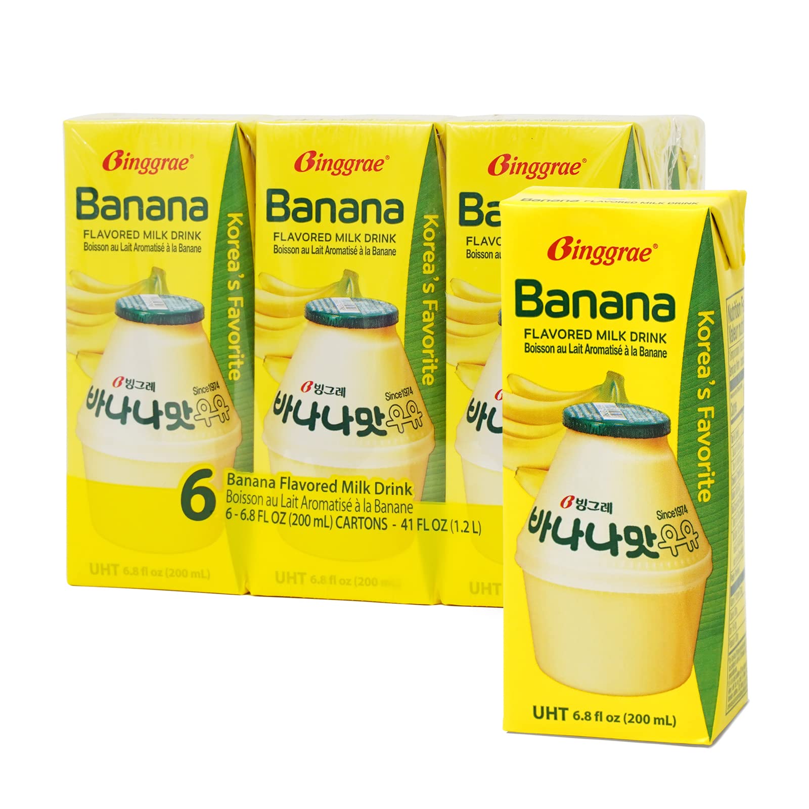 Binggrae Banana Flavored Milk Drink - Sweet and Creamy Korean Beverage - Shelf-Stable 6.8 fl oz Cartons - Pack of 6