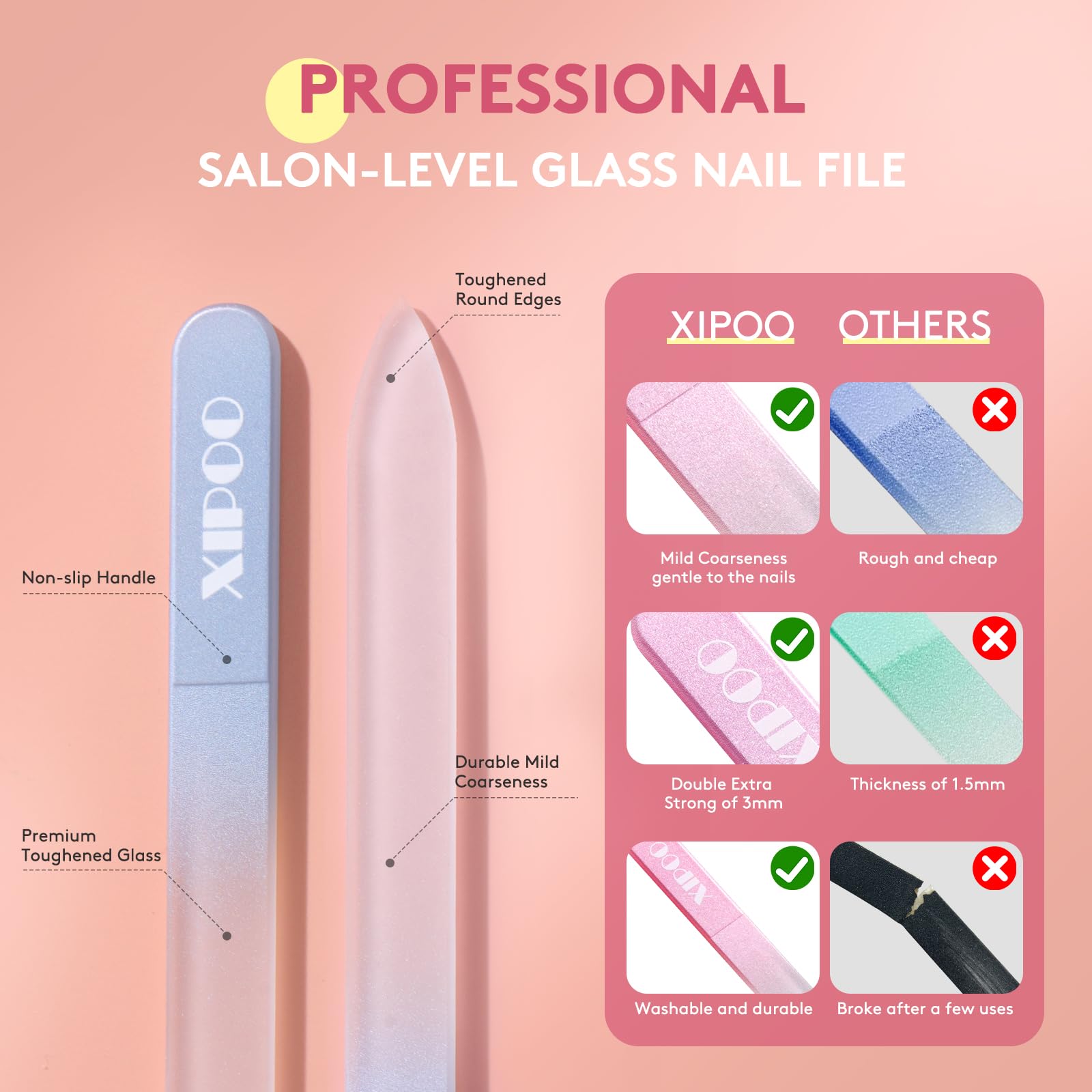 Glass Nail File 3 Pack, Nail File, Glass Nail File with Case for Natural Nails with Double Sided 240 Grit, Professional Czech Glass File Stocking Stuffers for Women and Girls, by XIPOO