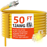 12/3 Gauge Heavy Duty Outdoor Extension Cord 50 ft Waterproof with Lighted end, Flexible Cold-Resistant 3 Prong Electric Cord Outside, 15Amp 1875W 12AWG SJTW, Yellow, ETL HUANCHAIN