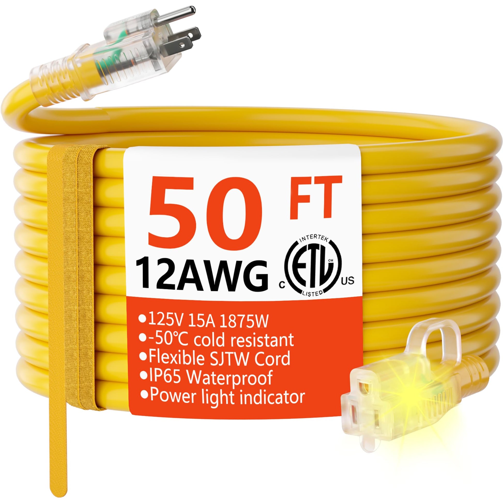 12/3 Gauge Heavy Duty Outdoor Extension Cord 50 ft Waterproof with Lighted end, Flexible Cold-Resistant 3 Prong Electric Cord Outside, 15Amp 1875W 12AWG SJTW, Yellow, ETL HUANCHAIN