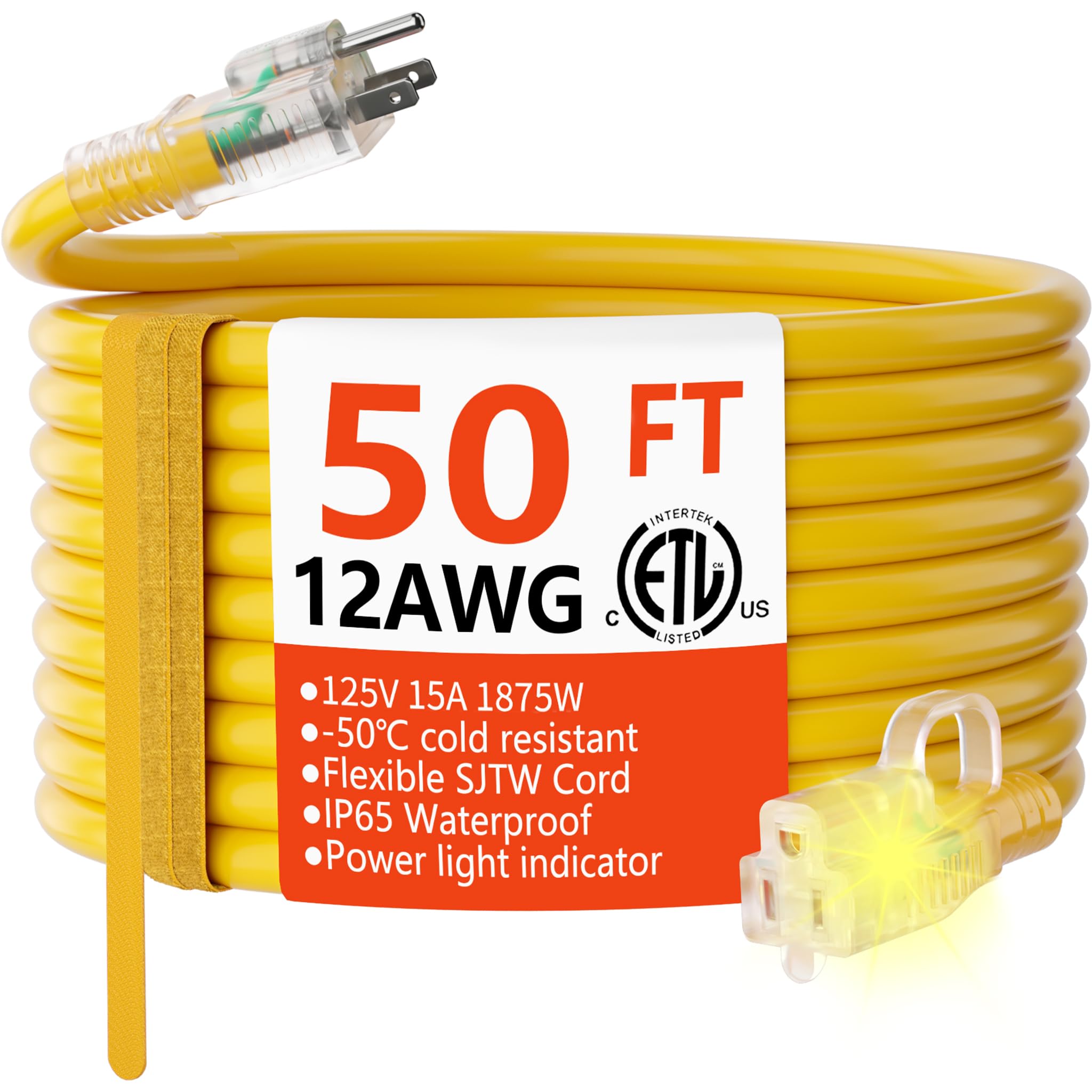 12/3 Gauge Heavy Duty Outdoor Extension Cord 50 ft Waterproof with Lighted end, Flexible Cold-Resistant 3 Prong Electric Cord Outside, 15Amp 1875W 12AWG SJTW, Yellow, ETL HUANCHAIN