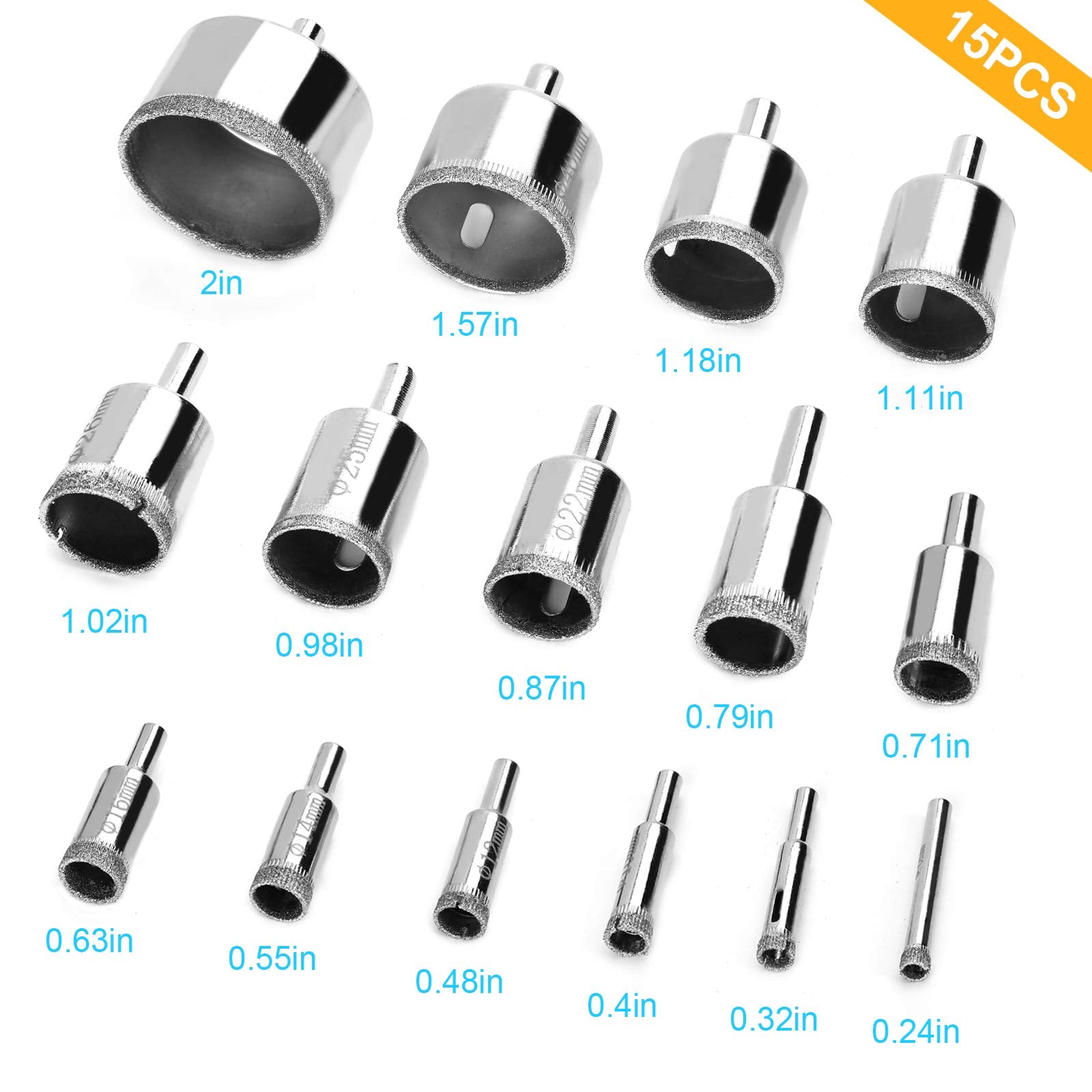 15 Pcs Diamond Drill Bits for Ceramic, Diamond Hole Saw Drill Bit Set Kit, Premium Glass Drill Bit for Bottles,Pots, Marble, Granite Stone, Tile Cutting 0.23 Inch - 2 Inch（6mm - 50mm） YLYL