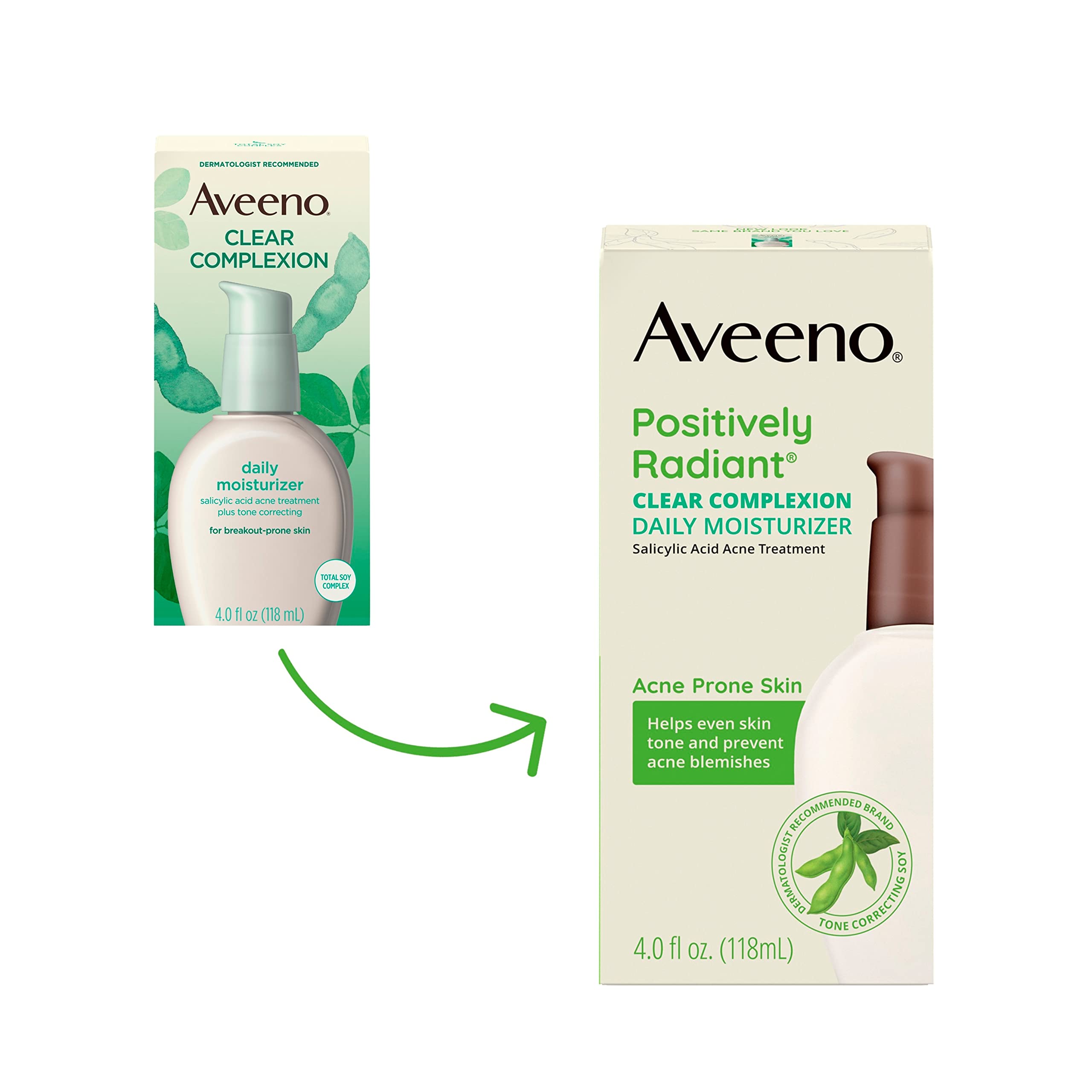 Aveeno Positively Radiant Clear Complexion Face Moisturizer, Acne Facial Moisturizer with Soy and Salicylic Acid for Oily Skin, Hypoallergenic Formula, Paraben-Free, Non-Comedogenic, Pump, 4 FL OZ