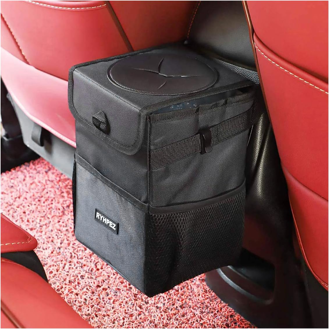 Ryhpez Auto-Mülleimer mit Deckel – auslaufsicherer Mülleimer für das Auto, zusammenklappbarer Kfz-Organizer und Aufbewahrungstasche, Auto-Zubehör für Damen und Herren, Road Trip Essentials