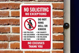 No Soliciting Sign, Funny Decor for House Door Office Business Yard,Metal Aluminum Rust Free, No Excuses, No Exceptions Do Not Ring Bell No Knock Sign - 7" x 9.8", Pre-Drilled Holes, Weather Resistant