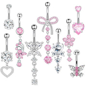 14G Silver Belly Button ring Dangle Surgical Stainless Steel Belly Rings Cute Bow Butterfly Heart Flower Pink Dangling Belly Button Piercing Jewelry For Women Dainty Dangly Navel Ring