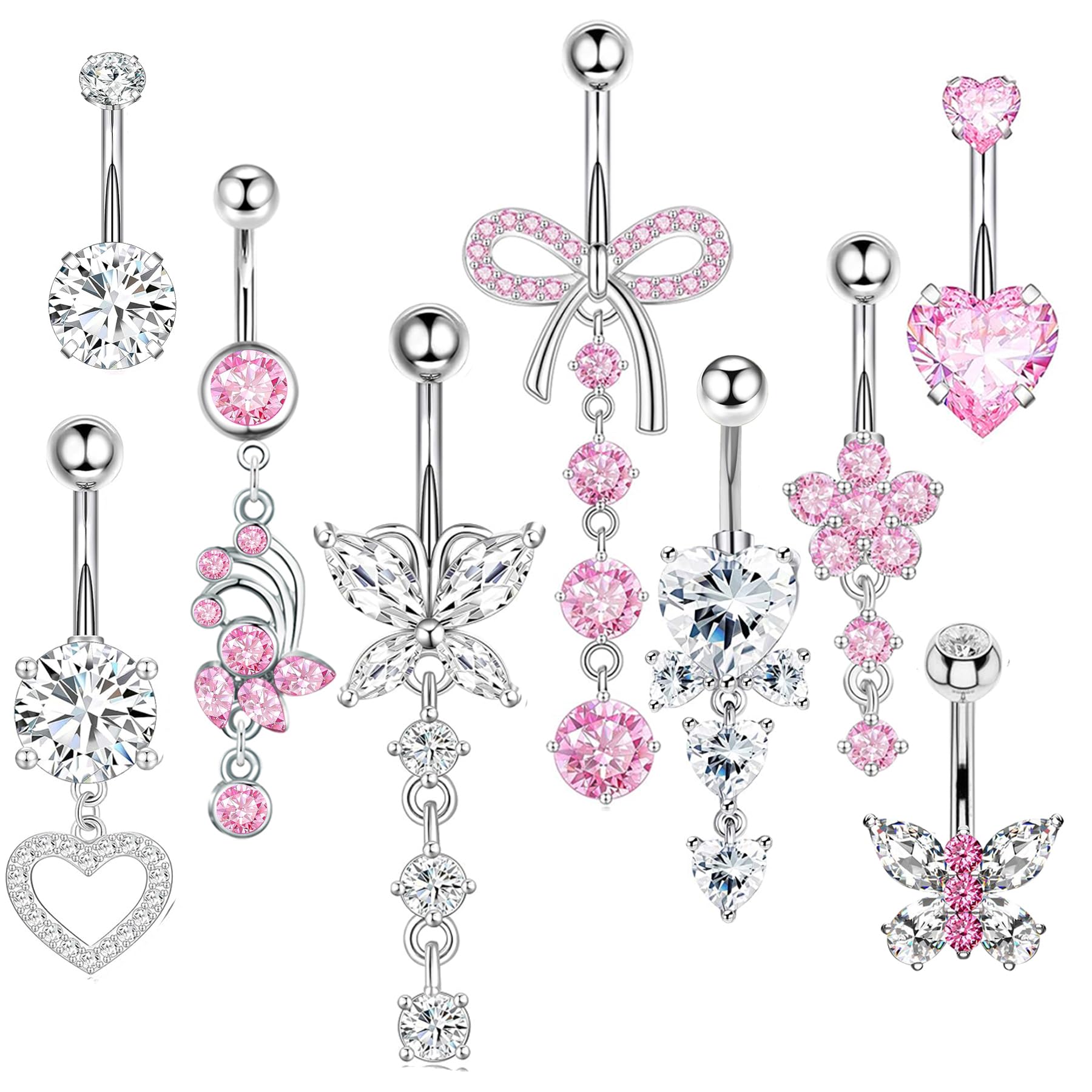 14G Silver Belly Button ring Dangle Surgical Stainless Steel Belly Rings Cute Bow Butterfly Heart Flower Pink Dangling Belly Button Piercing Jewelry For Women Dainty Dangly Navel Ring