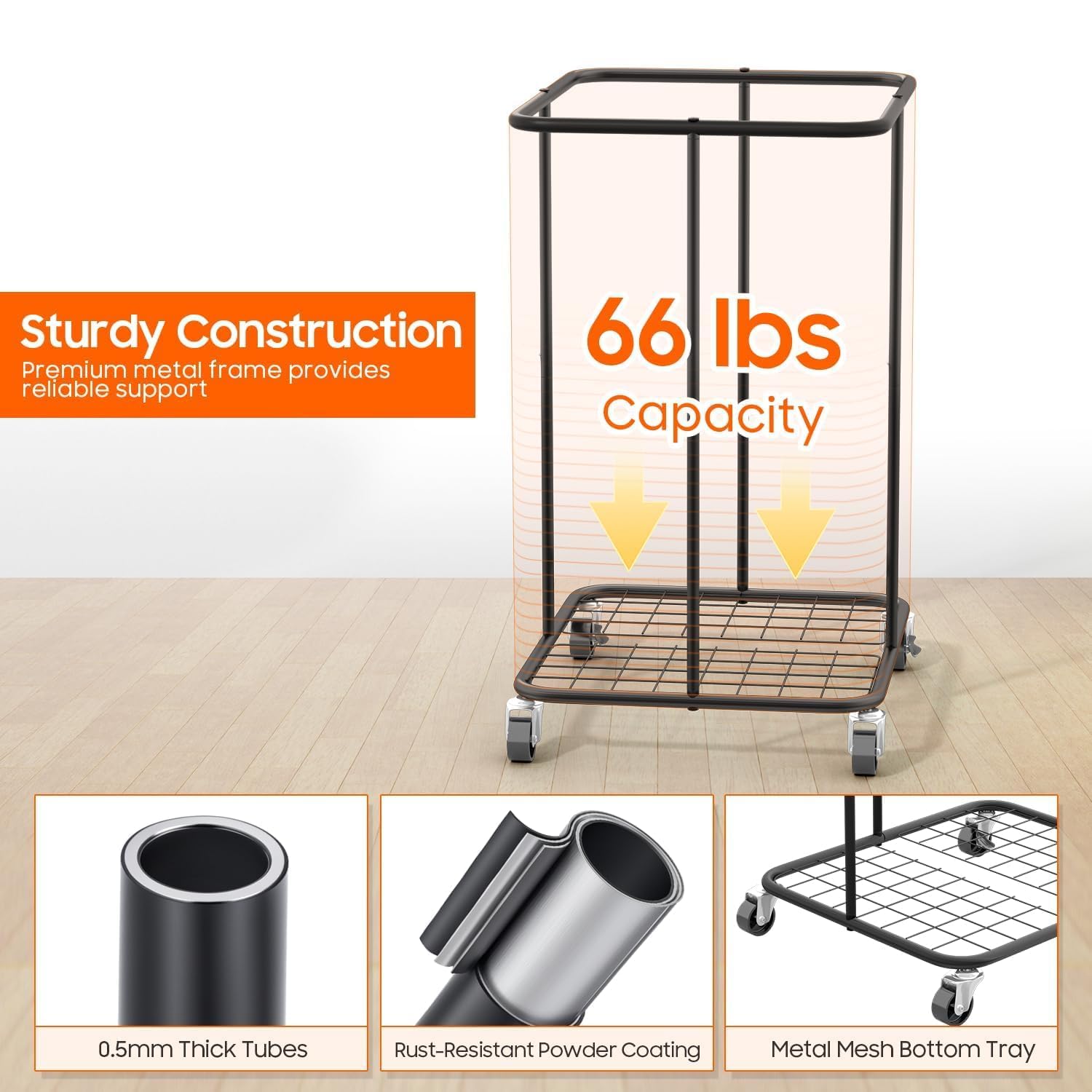 150L Laundry Hamper with Wheels, Rolling Laundry Basket with Metal Frame and Removable Bag, Large & Tall Dirty Clothes Hampers for Bedroom Aesthetic, Laundry Room, Bathroom, Dorm-Black