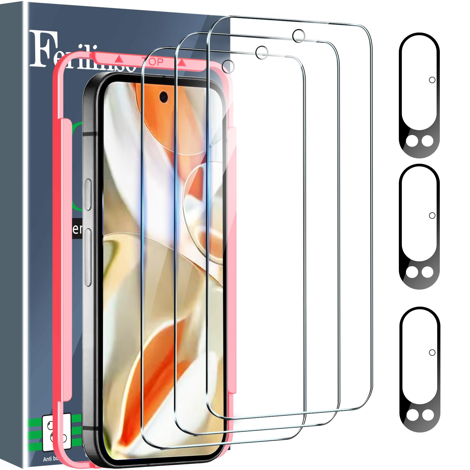 Ferilinso Full Coverage 3 Pack Screen Protector for Google Pixel 9 Pro [Phone Case Friendly], 3 Pack Tempered Glass Camera Lens Protector Accessories [Auto- Dusting & Adhesive]