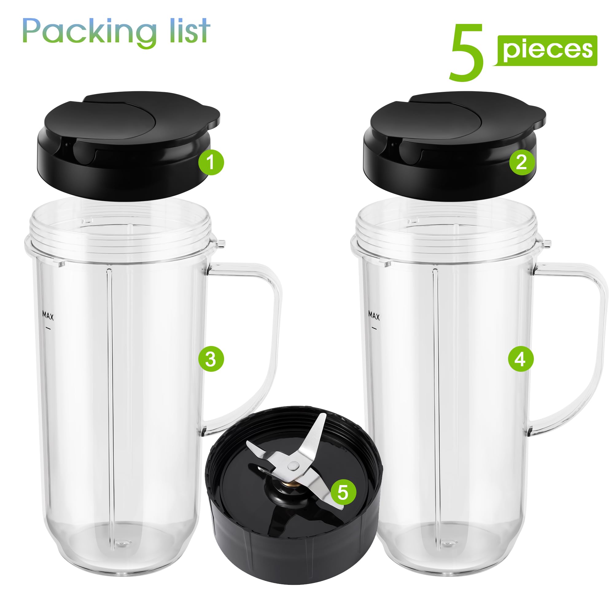 5-piece Magic Bullet Blender Cups, Tall 22oz Cup with Flip-Top To-Go Lid, Cross Blade, Blender Replacement Parts, Mug with Handle Compatible with Magic Bullet 250w MB1001