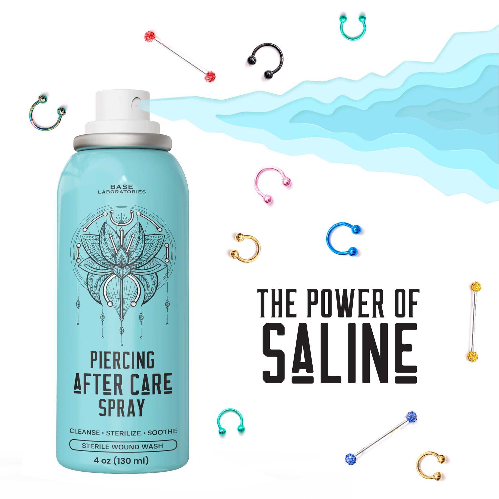 BASE LABORATORIES Piercing Aftercare Spray 4oz | Saline Spray for Piercings | Ear Piercing Cleaner Spray | Saline Solution for Piercings | Piercing & Keloid Bump Removal for Ears, Belly Nose Piercings
