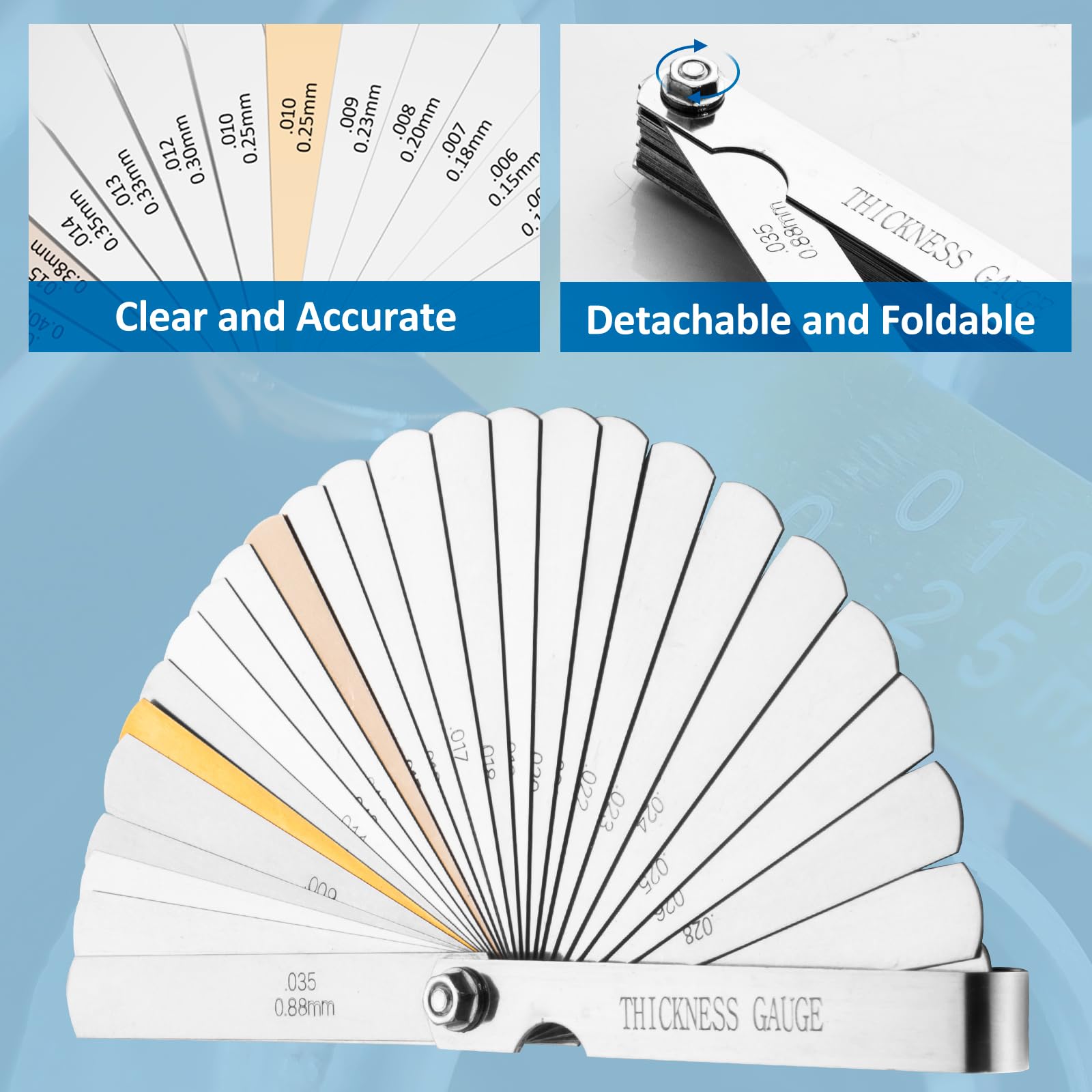 CHERALKEST Feeler Gauge Set Stainless Steel Thickness Gauge 32 Blades 0.04-0.88 mm (0.0015-0.035 Inch) Dual Marked Metric and Imperial Measuring Tools for Measuring Gap Widths and Thicknesses