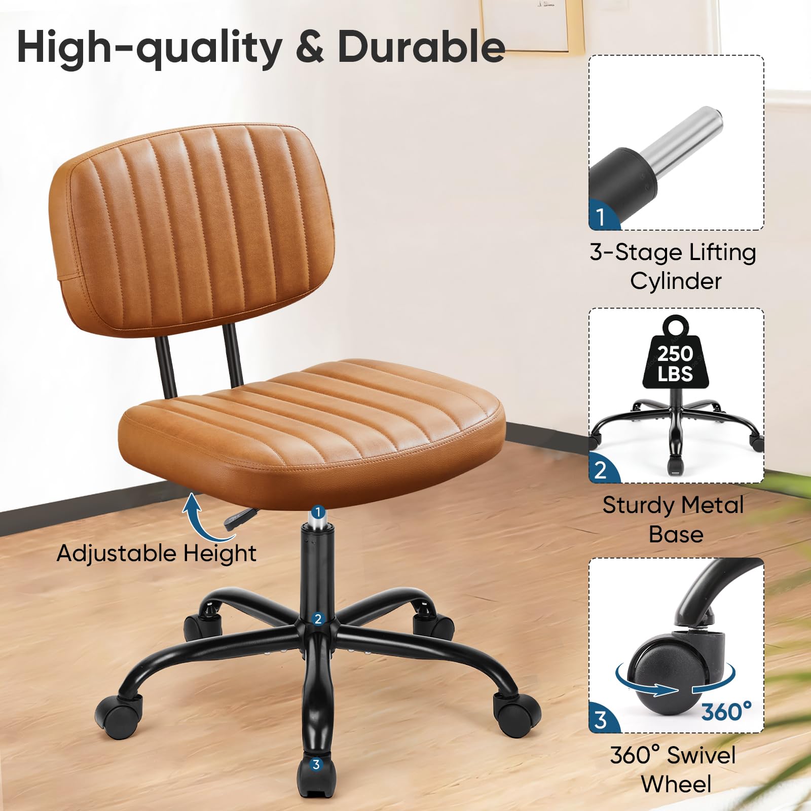 DUMOS Armless Home Office Desk Chair -Small Ergonomic with Low Back Lumbar Support, Height Adjustable PU Leather Computer Task with 360° Swivel Rolling Wheels, for Small Space, Brown