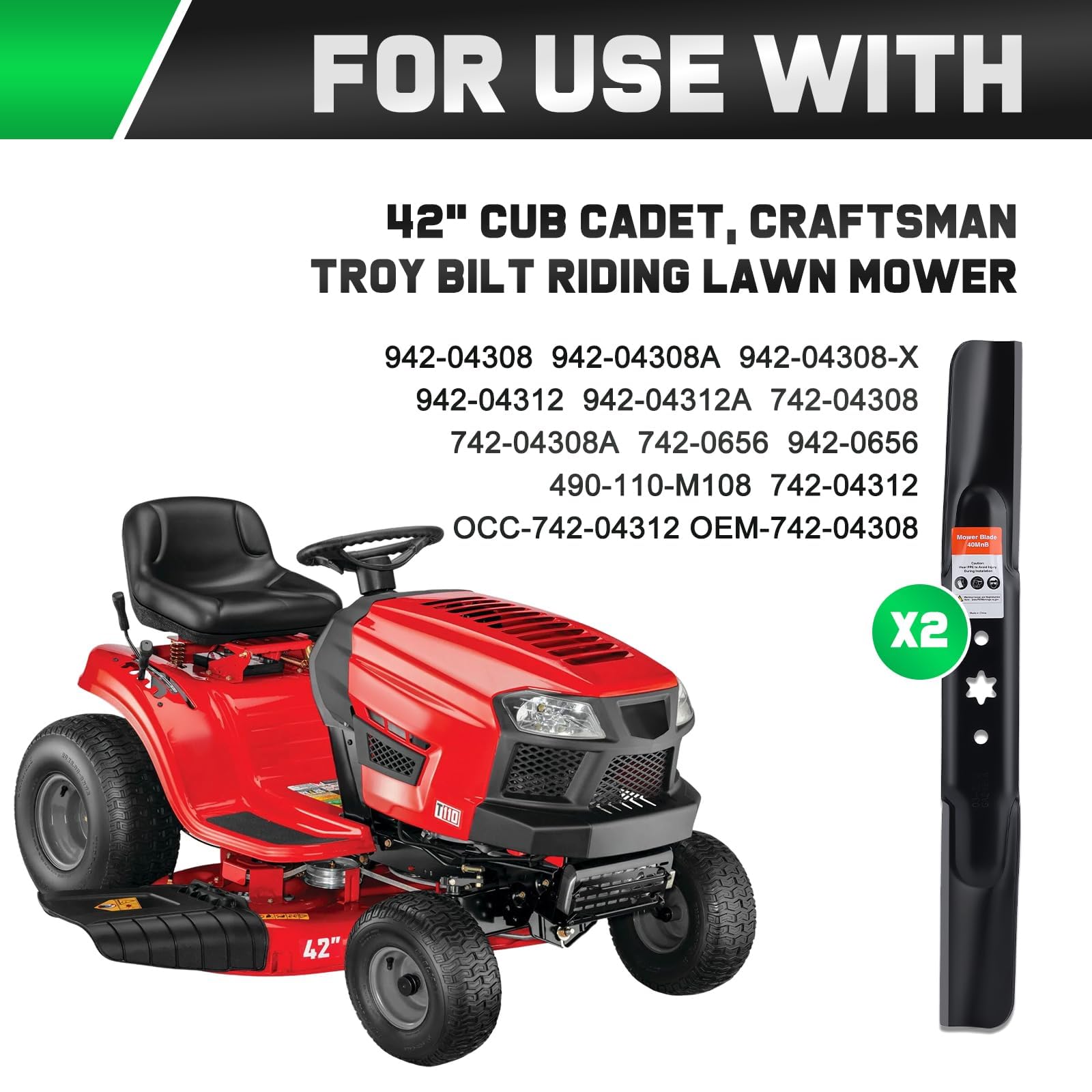 Grasscool 942-04308 Mower Blades for Troy Bilt Bronco Pony Mustang 42 inch Lawn Mower Cub Cadet 42'' Deck Riding Mower RZT42 Replace 942-04308A 942-04308-X 942-04312 742-04312 High Lift (2 Pack)
