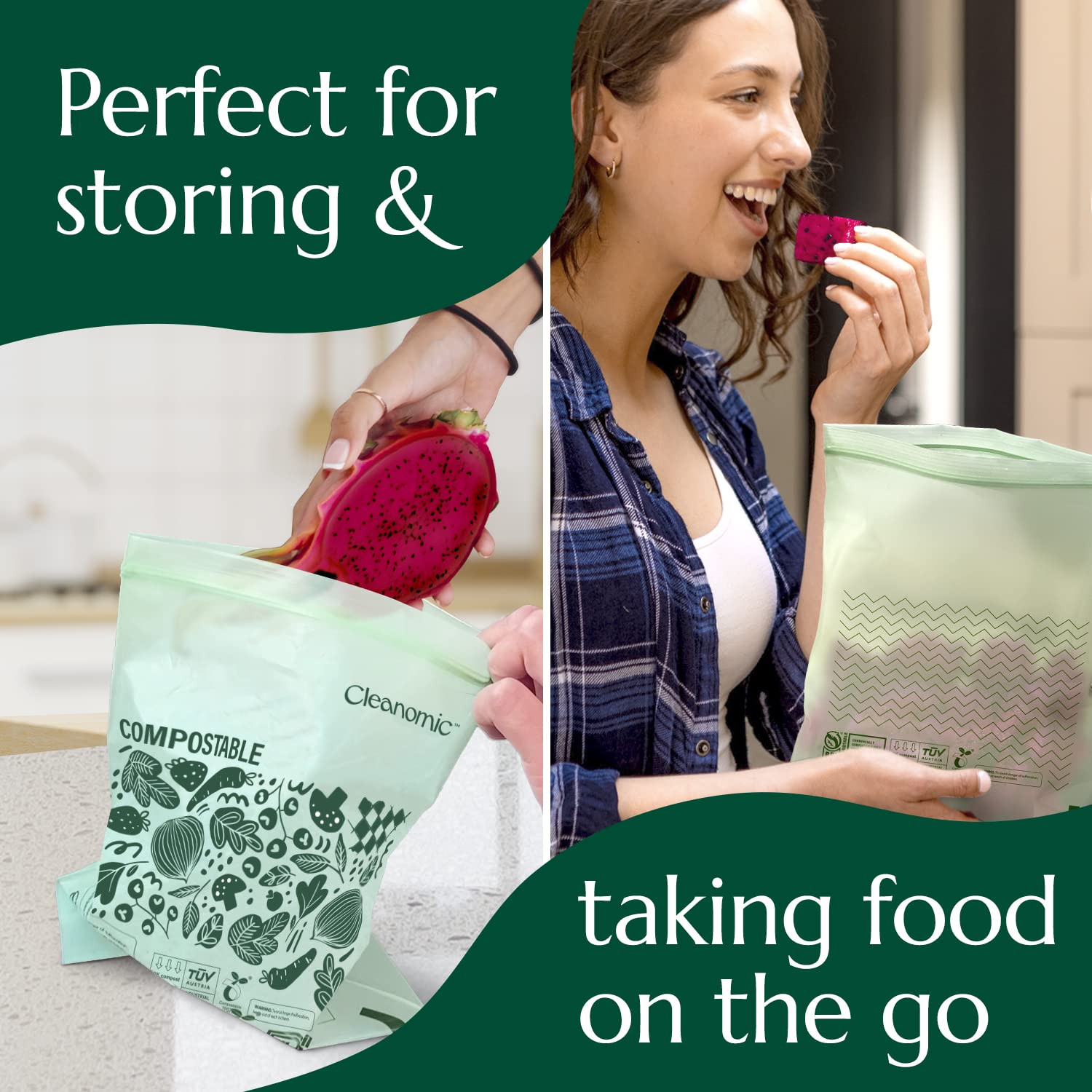 Cleanomic Compostable* Quart Size Food Storage Bags (25 Eco Zip) Freezer and Leak Proof, Also Available Gallon, Snack and Sandwich Size Bags