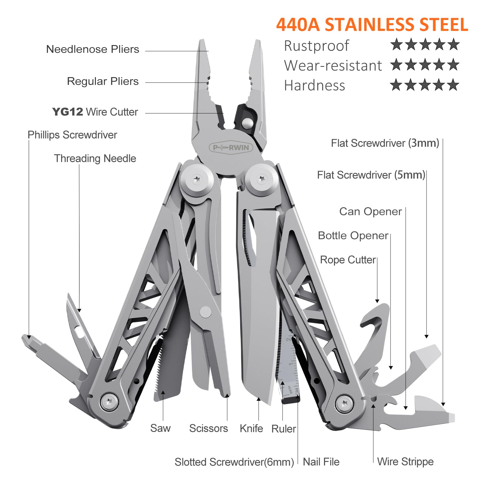 PERWIN Multitool, 17-in-1 Stainless Steel Multi Tool Pliers with Self-Locking, Pocket Knife, Nylon Sheath, Professional (EDC) Multi-Tool for Survival, Camping and Hunting, Hiking, Simple Repair