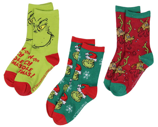 Dr. Seuss GRINCH Kids 3 Pairs Multi-Design Crew Socks For Boys' Or Girls'