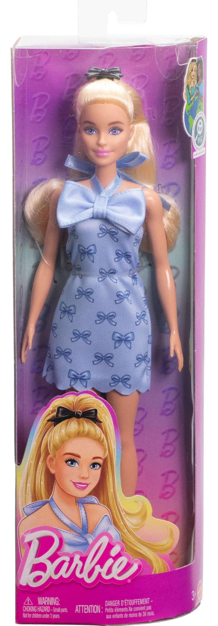 Barbie Fashionistas Doll #237 with Wavy Blonde Ponytail Wearing Blue Bow Halter Dress, Black Hair Bow Accessory and Matching Blue Heels