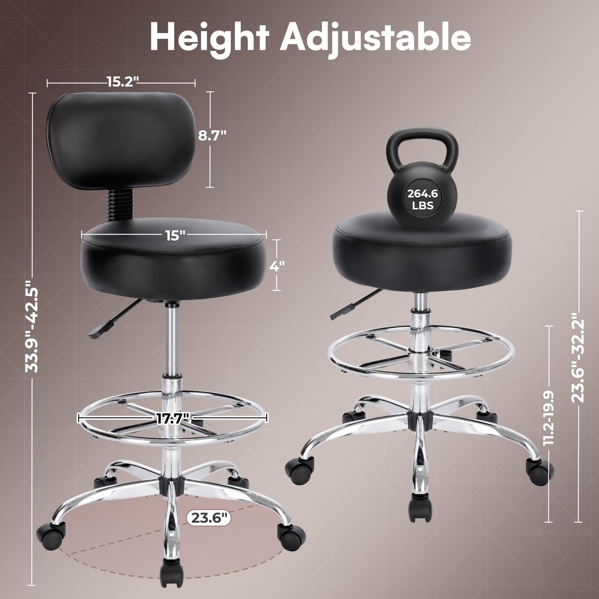 SUPERJARE Drafting Chair with Back, Adjustable Foot Rest Rolling Stool, Multi-Purpose Office Desk Chair, Thick Seat Cushion for Home Bar Kitchen Shop - Black