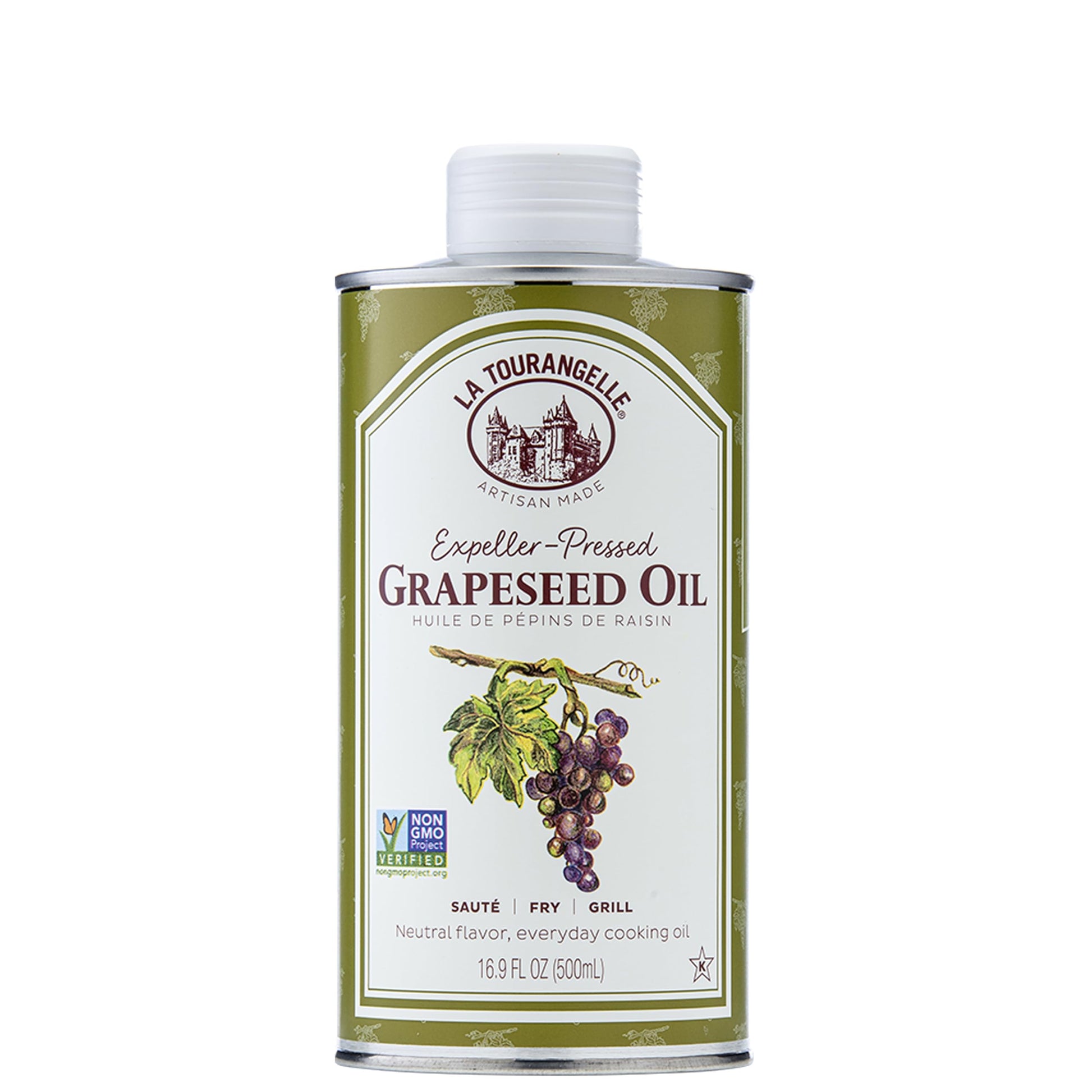 La Tourangelle, Expeller-Pressed Grapeseed Oil, High Heat Neutral Cooking Oil, Cast Iron Seasoning, Also Great for Skin, Hair, and DIY Beauty Recipes, 16.9 fl oz