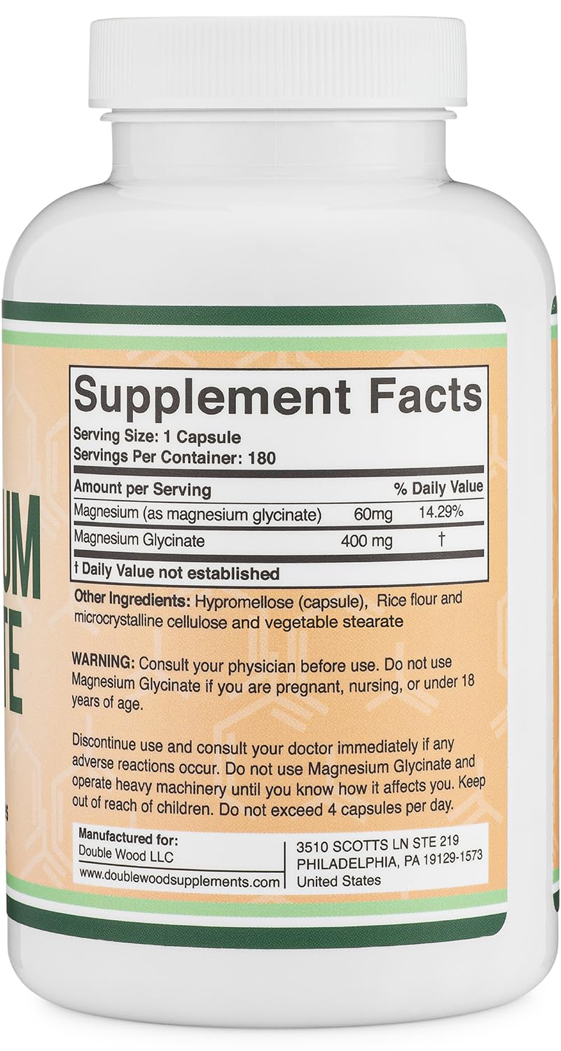 Magnesium Glycinate 400mg, 180 Capsules - for Sleep, Muscle, & Heart Support - (Vegan, Third Party Tested, Gluten Free, Non-GMO) by Double Wood Supplements