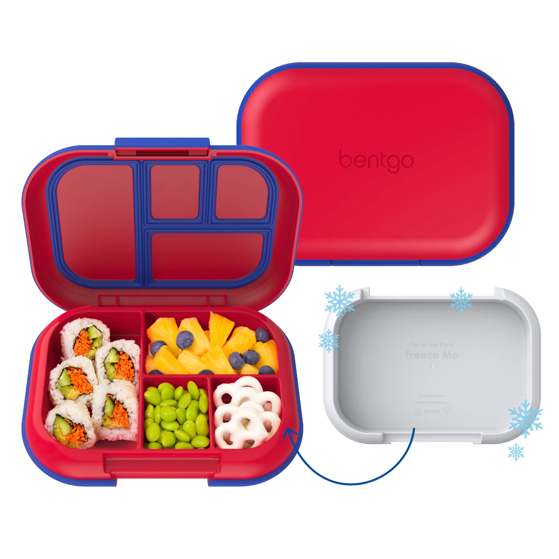 Bentgo Chill Kids Leak-Proof Lunch Box - 4-Compartment Bento Box with Built-In Ice Pack, 3.3 Cup Capacity, PFAS & BPA-Free, Microwave & Dishwasher Safe, Ideal Size for Ages 3 to 7 (Red/Royal)
