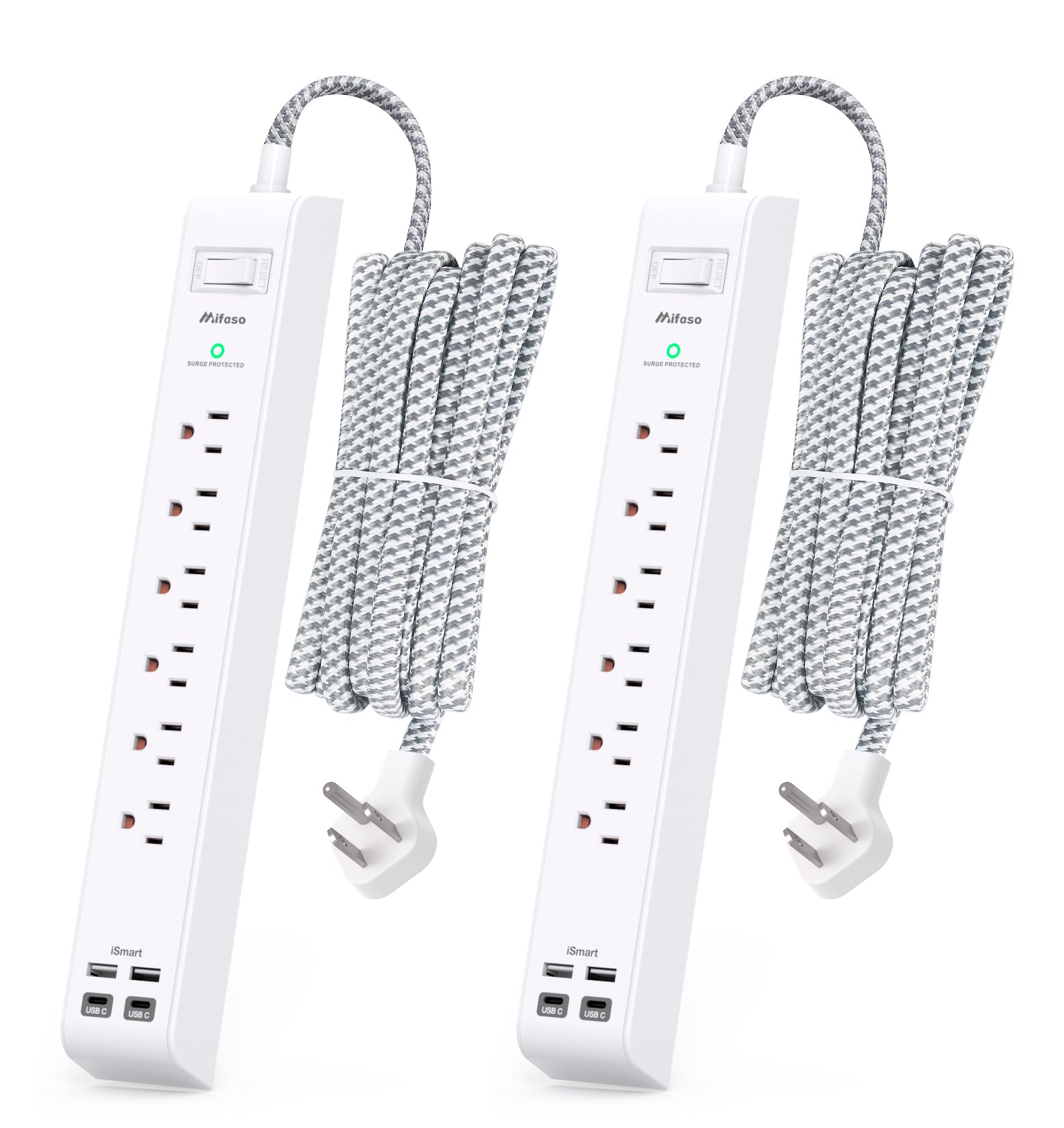 2 Pack Power Strip Surge Protector - 6 Outlets 4 USB Charging Ports, 5Ft Braided Extension Cord, Flat Plug, Overload Protection, Wall Mount for Home Office, Dorm Room Essentials White