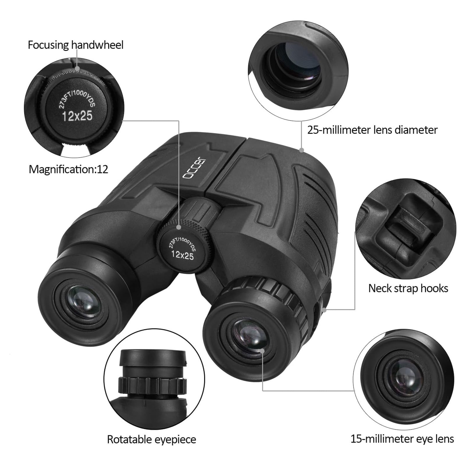 Occer 12x25 Compact Binoculars for Adults and Kids, Large Eyepiece Waterproof Binocular with Low Light Vision,High Powered Easy Focus Binoculars for Bird Watching,Outdoor Hunting,Travel,Sightseeing