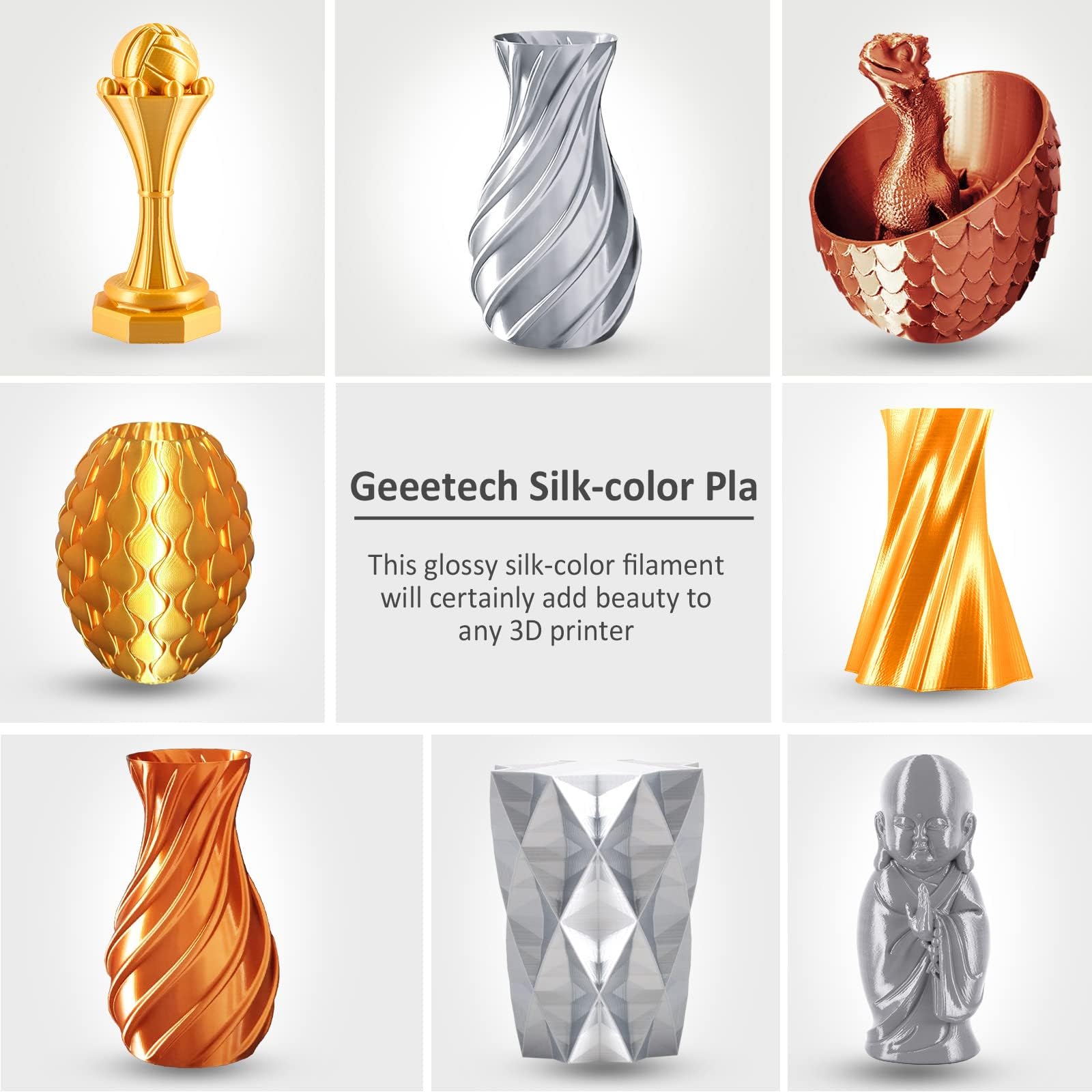 Geeetech Silk PLA Filament 1.75mm for 3D Printer, Metal-Like Shiny Consumables 1kg (2.2lbs) 1 Spool, Dimensional Accuracy +/- 0.02 mm, Metallic Gold Silk Filament
